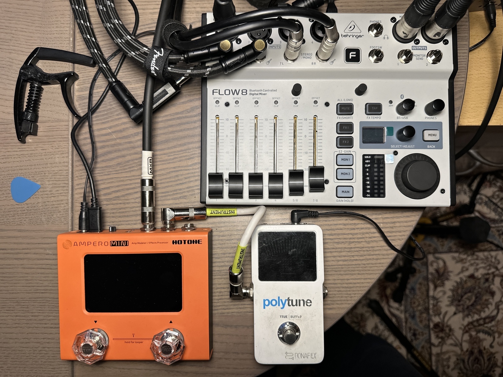 Pedalboard by kostan2000 featuring Behringer FLOW 8 8-input Digital Mixer with Bluetooth, TC Electronic PolyTune 3, and Hotone Ampero Mini
