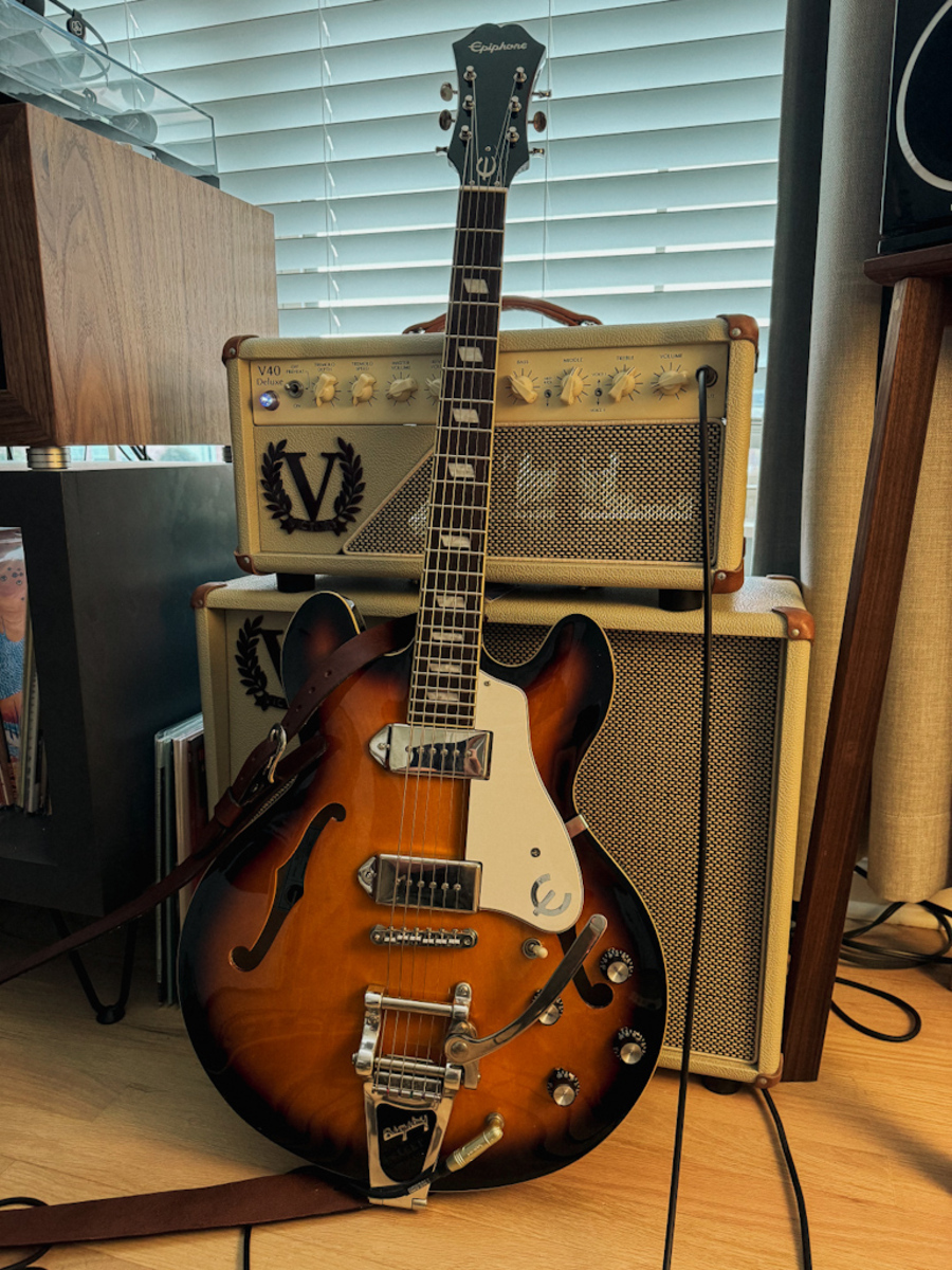 Victory Amp Rig by lazarus featuring Epiphone Inspired by John Lennon Casino Electric Guitar, Bearstraps Slimline Classic Guitar Strap, and Victory Amplification V40 Deluxe The Duchess 40-watt Guitar Head and 1 more piece of gear