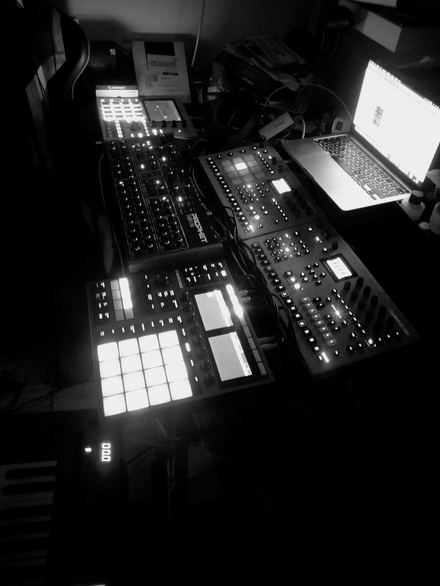 Electronic Synth Setup by the_party_ambassador featuring Dave Smith Instruments Prophet Rev2 Desktop, Elektron Analog Rytm MKII, and Elektron Analog Four MKII and 2 more pieces of gear