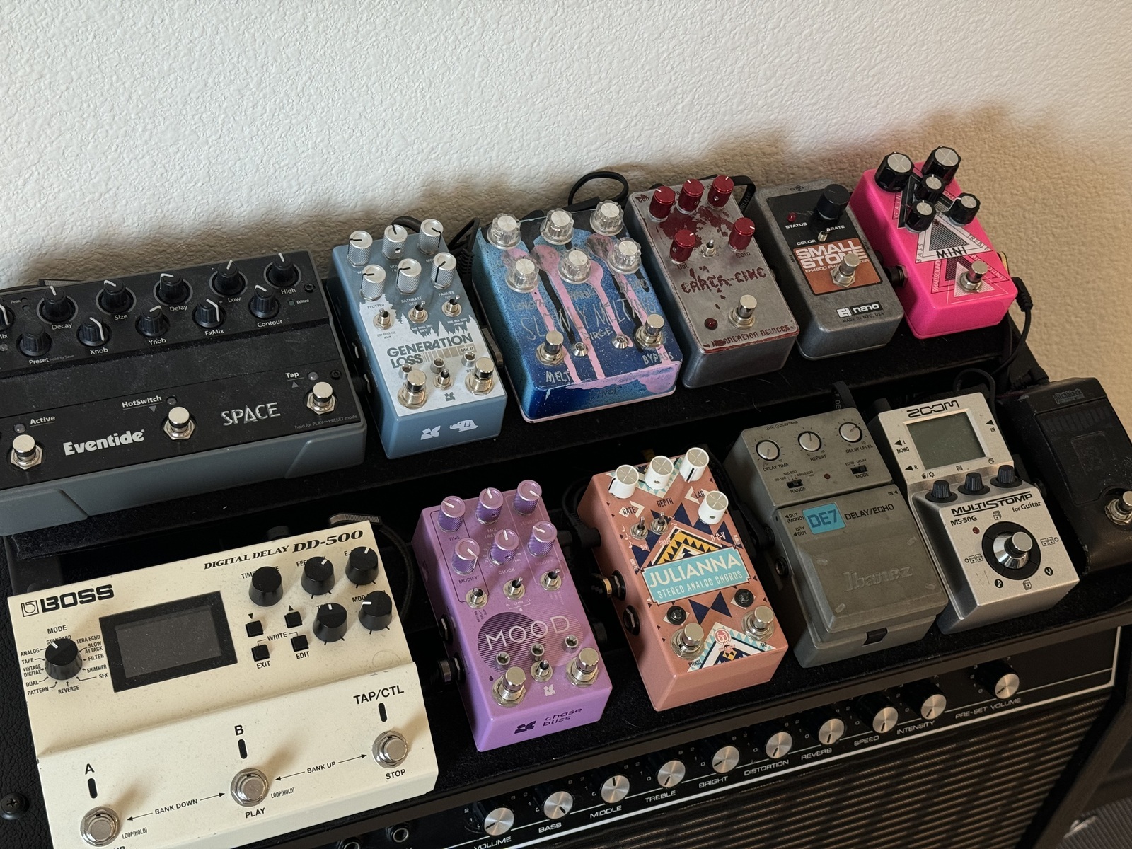 Pedalboard by largebeer featuring Boss DD-500 Digital Delay, Chase Bliss Audio MOOD MKII, and Eventide Space Reverb and 9 more pieces of gear