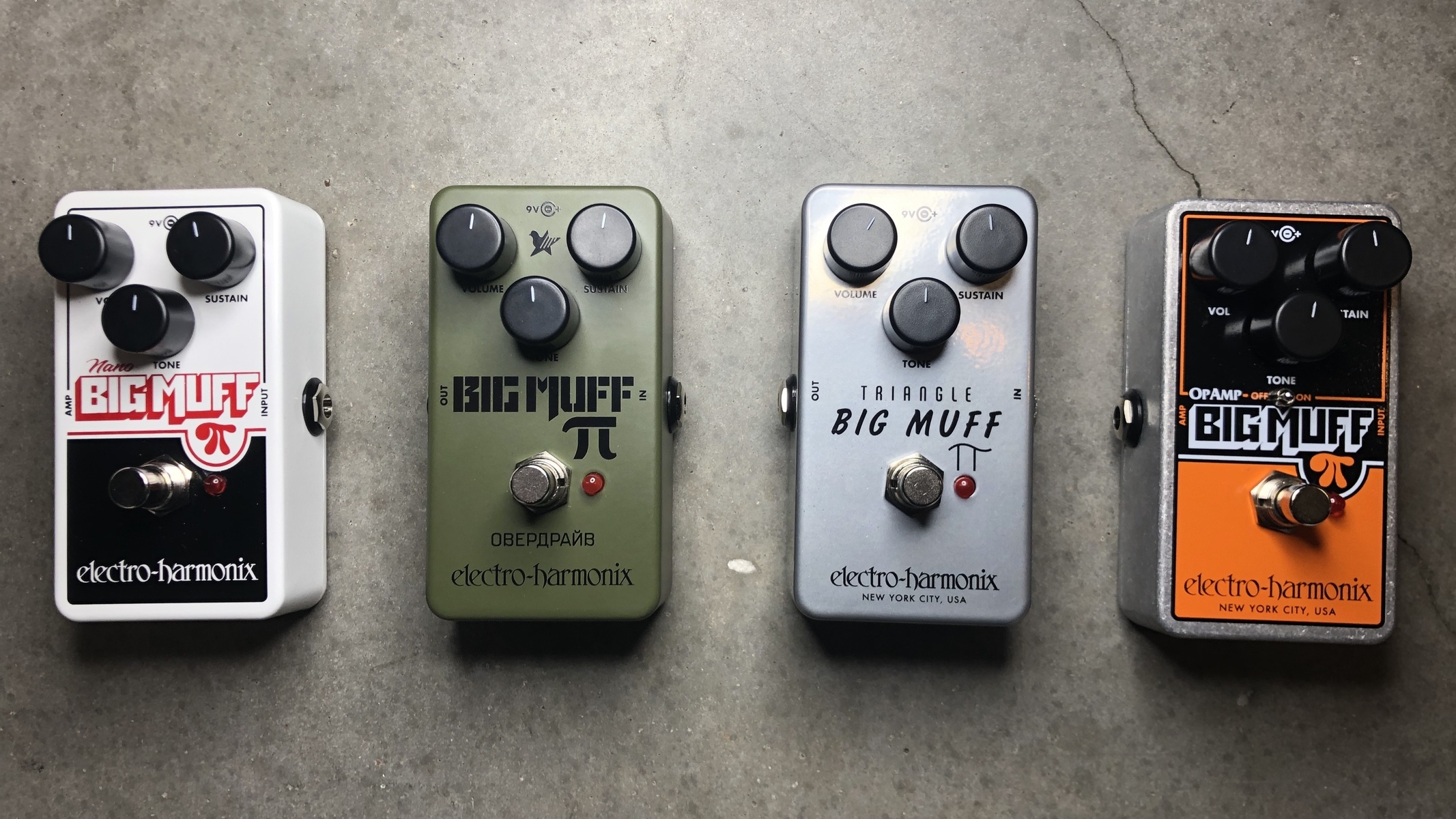 Pedalboard by equipboard featuring Electro-Harmonix Nano Big Muff Pi, Electro-Harmonix Green Russian Big Muff Reissue, and Electro-Harmonix Triangle Big Muff Pi Reissue and 1 more piece of gear