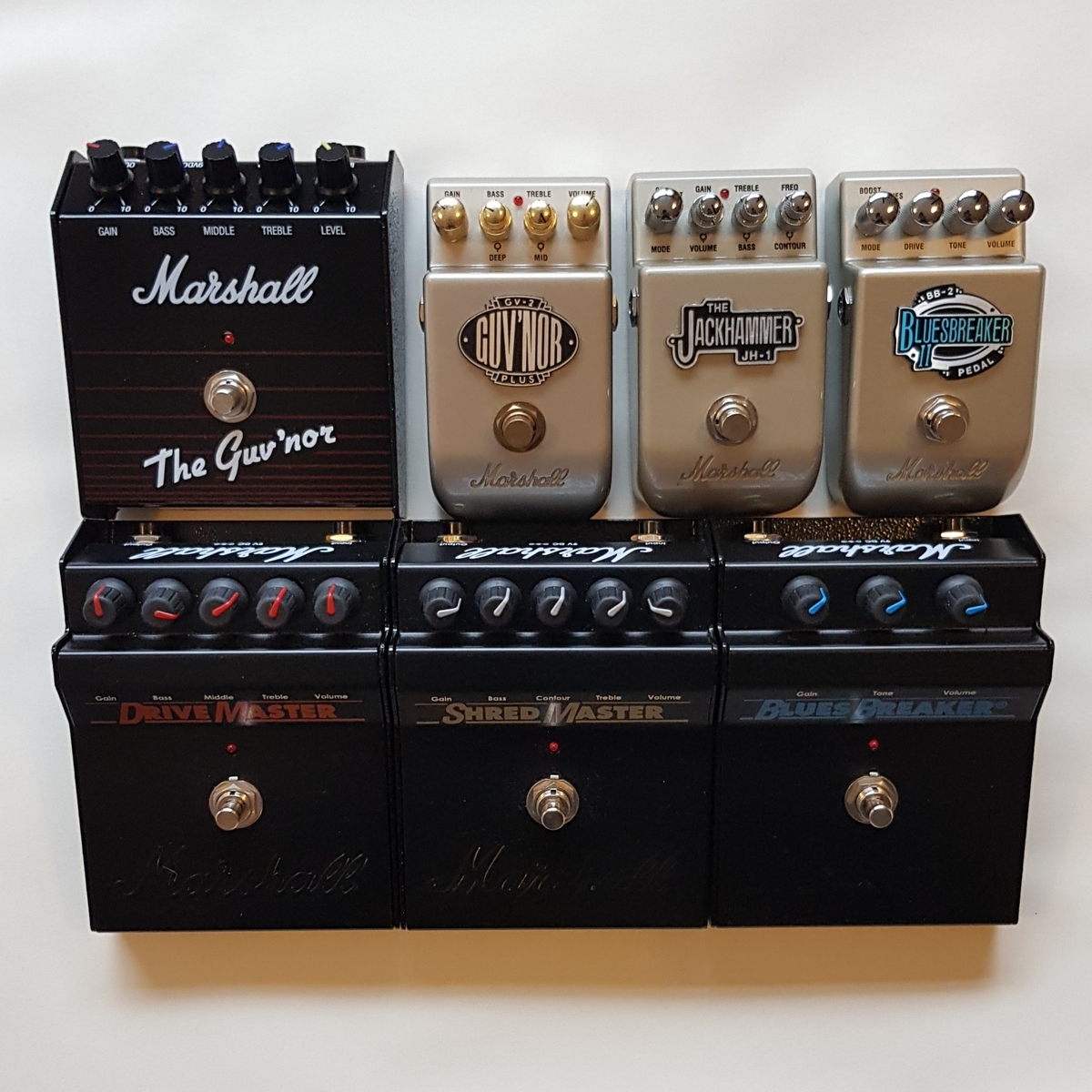 Pedalboard by a_k_watson featuring Marshall The Guv'nor, Marshall GV-2 Guv'nor Plus, and Marshall Jackhammer JH-1 and 4 more pieces of gear