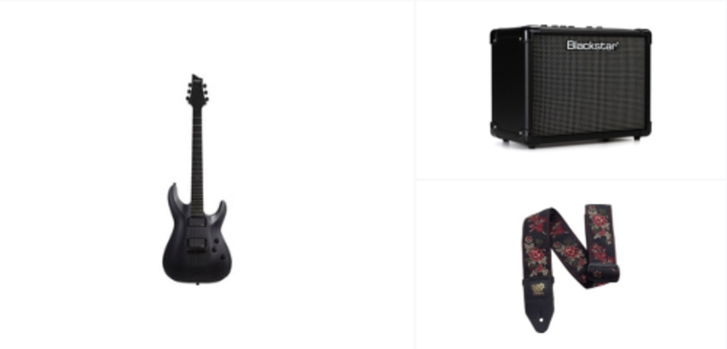 Amp Rig by bee_is_on_fire featuring Schecter C-1 Platinum, Blackstar ID:Core 10 V3 2x3-inch 2x5-watt Stereo Combo Amp with Effects, and Ernie Ball Jacquard Red Rose