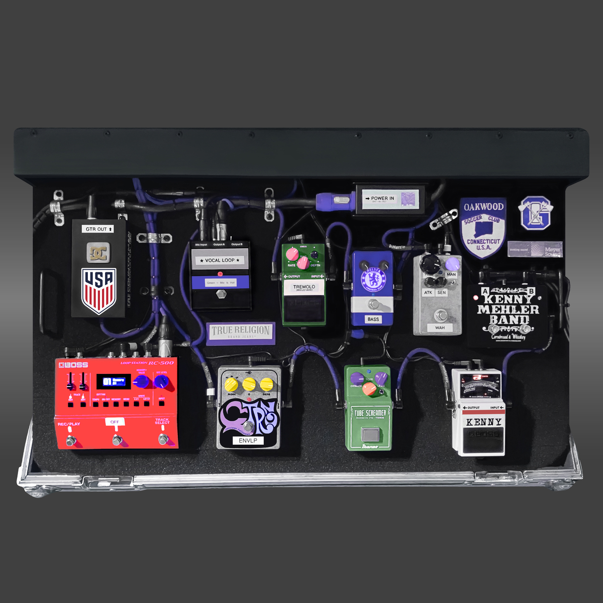 Pedalboard by aegmusic featuring Countryman Type 85 FET Direct Box, Keeley Modded Boss TR-2 Tremolo with Volume Control, and Electro-Harmonix Micro Q-Tron and 11 more pieces of gear