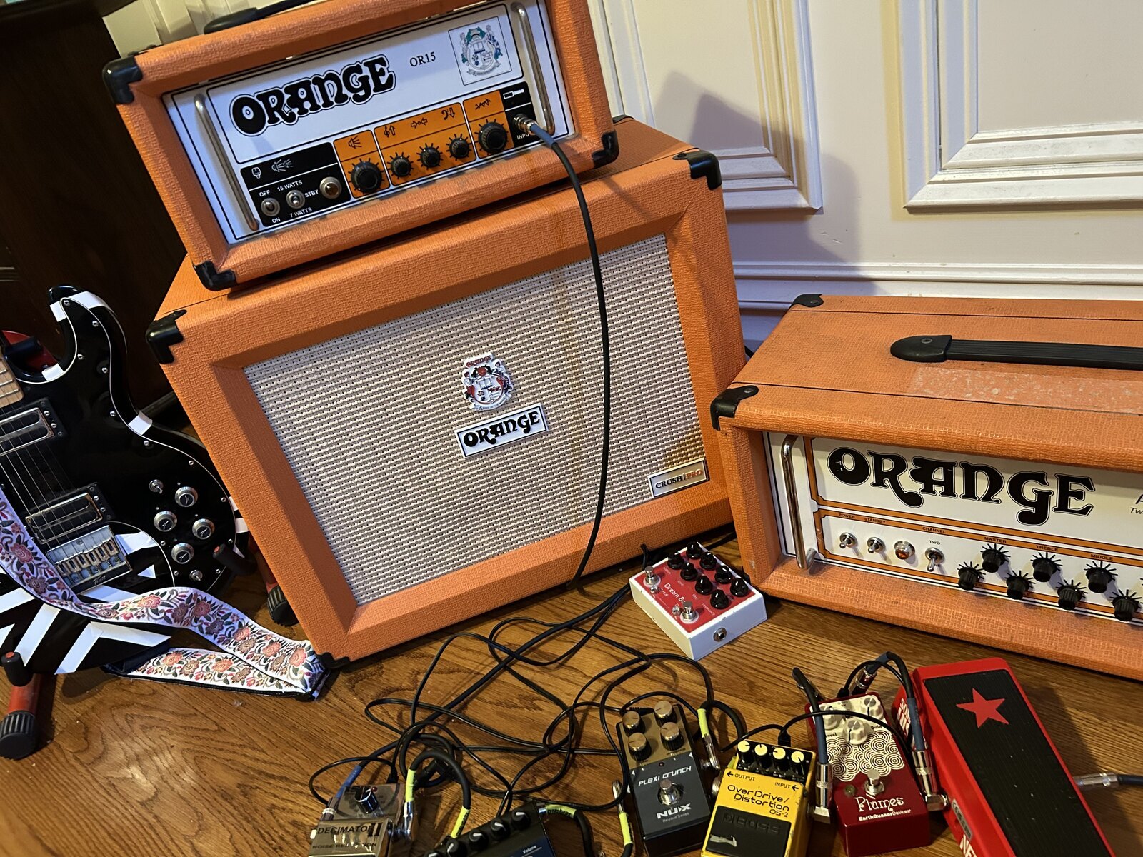 Metal Pedalboard by gaits featuring Orange Amplifiers Crush Pro CR60C 60W Guitar Combo Amp, Orange Amplifiers AD30HTC 30W Tube Guitar Amp Head, and Orange OR15H 15W Tube Guitar Amp Head and 7 more pieces of gear