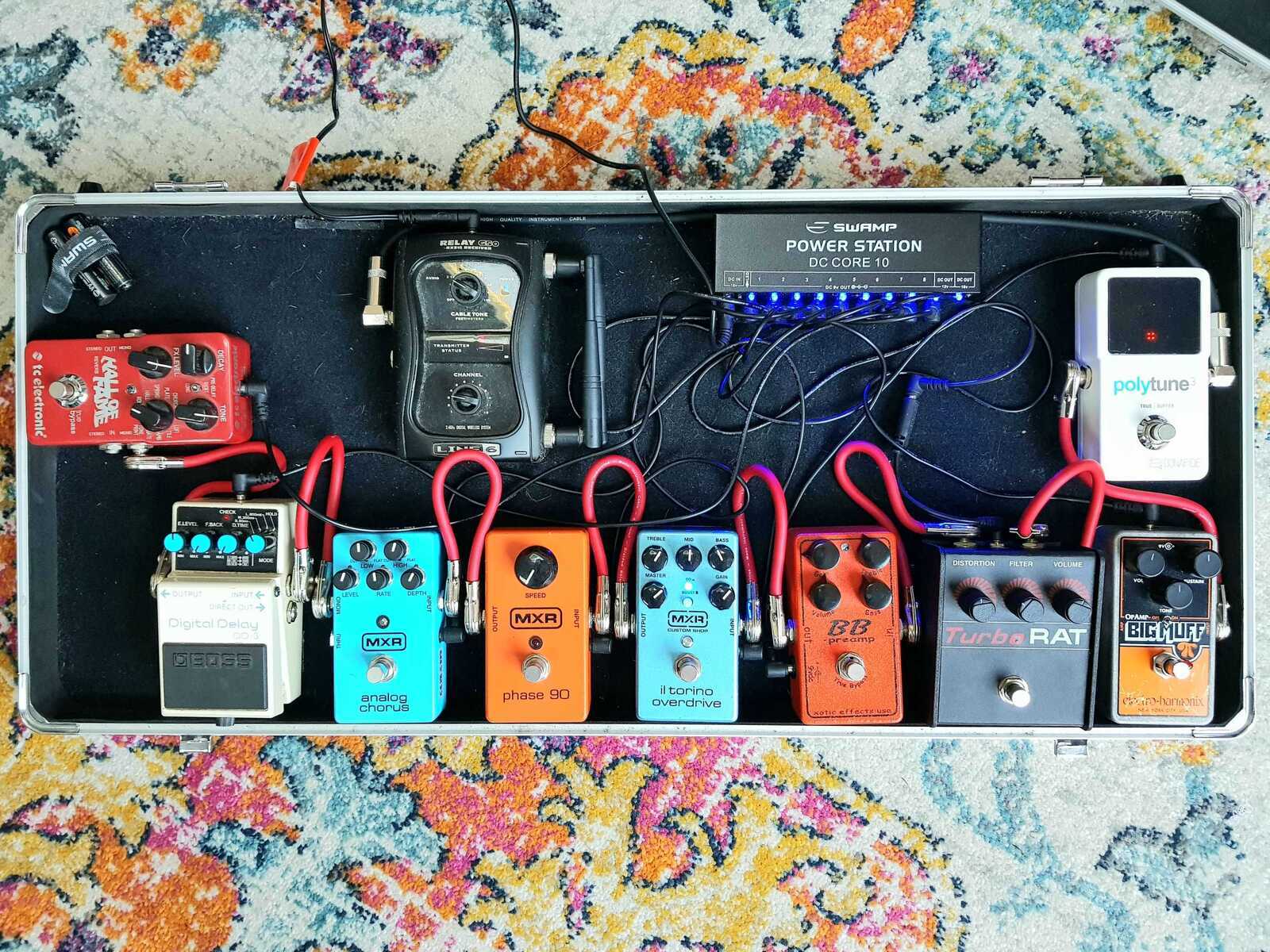 Pedalboard by keanzy featuring TC Electronic Polytune 2, Electro-Harmonix Op-Amp Big Muff Pi, and Pro Co Turbo RAT and 8 more pieces of gear