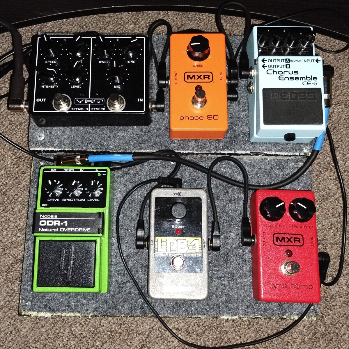 Pedalboard by cornfed94 featuring MXR M102 Dyna Comp, Electro-Harmonix LPB-1 Linear Power Booster Nano, and Nobels ODR-1(bc) Natural Overdrive and 4 more pieces of gear