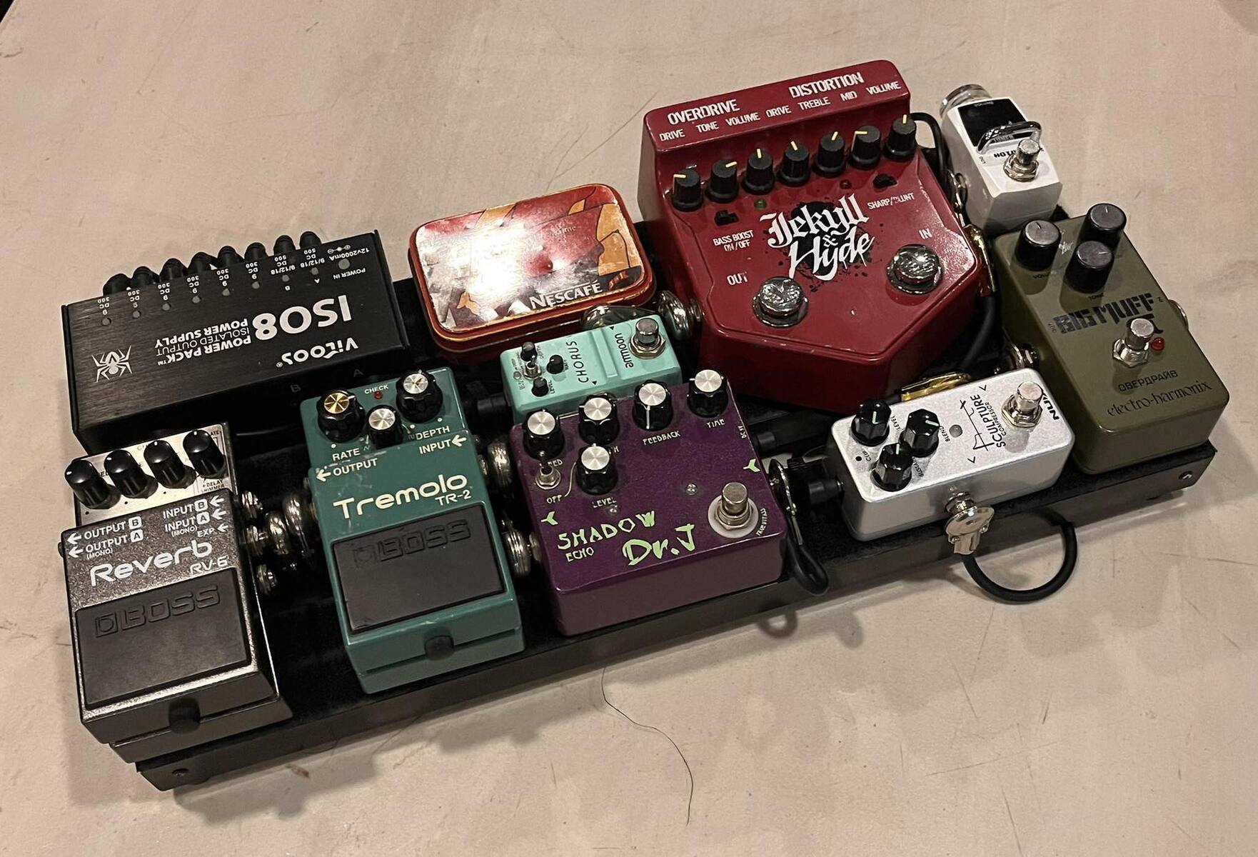 Pedalboard by dash_r featuring Vitoos ISO8 DC Isolated Power Supply, Boss RV-6 Reverb, and Boss TR-2 Tremolo and 6 more pieces of gear