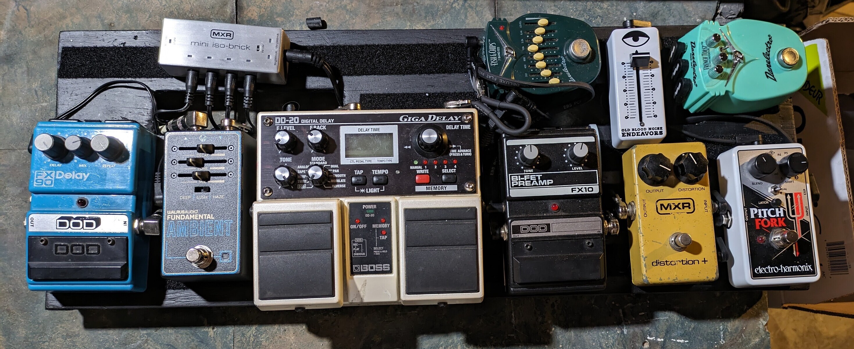 Pedalboard by mr_the_ox featuring Boss DD-20 Giga Delay, Walrus Audio Fundamental Series Ambient Pedal, and DOD FX10 Bi-Fet Preamp and 6 more pieces of gear