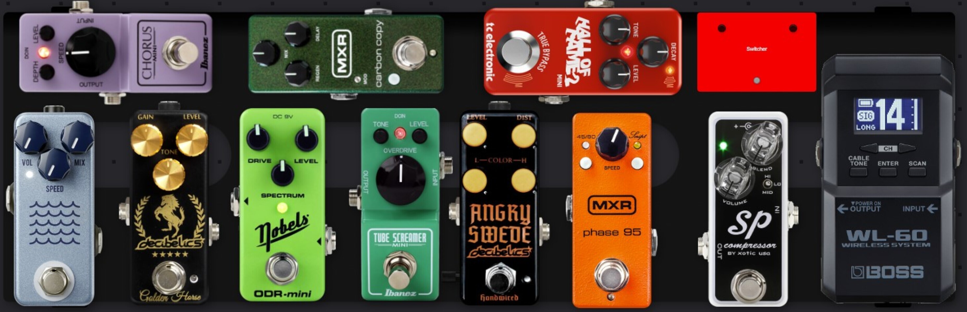 Metal Pedalboard by ca138 featuring Boss WL-60 Wireless, Xotic Effects SP Compressor, and MXR Phase 95 and 10 more pieces of gear