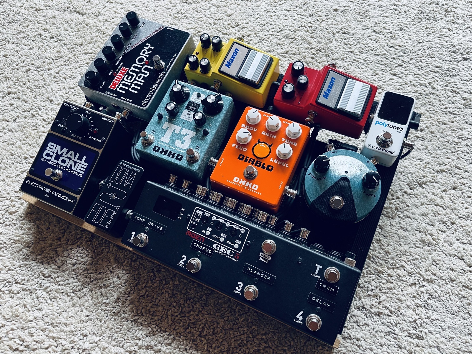 Pedalboard by whereismyyymind featuring Electro-Harmonix XO Deluxe Memory Man, Electro-Harmonix EH-4600 Small Clone, and Maxon FL-9 Flanger and 11 more pieces of gear