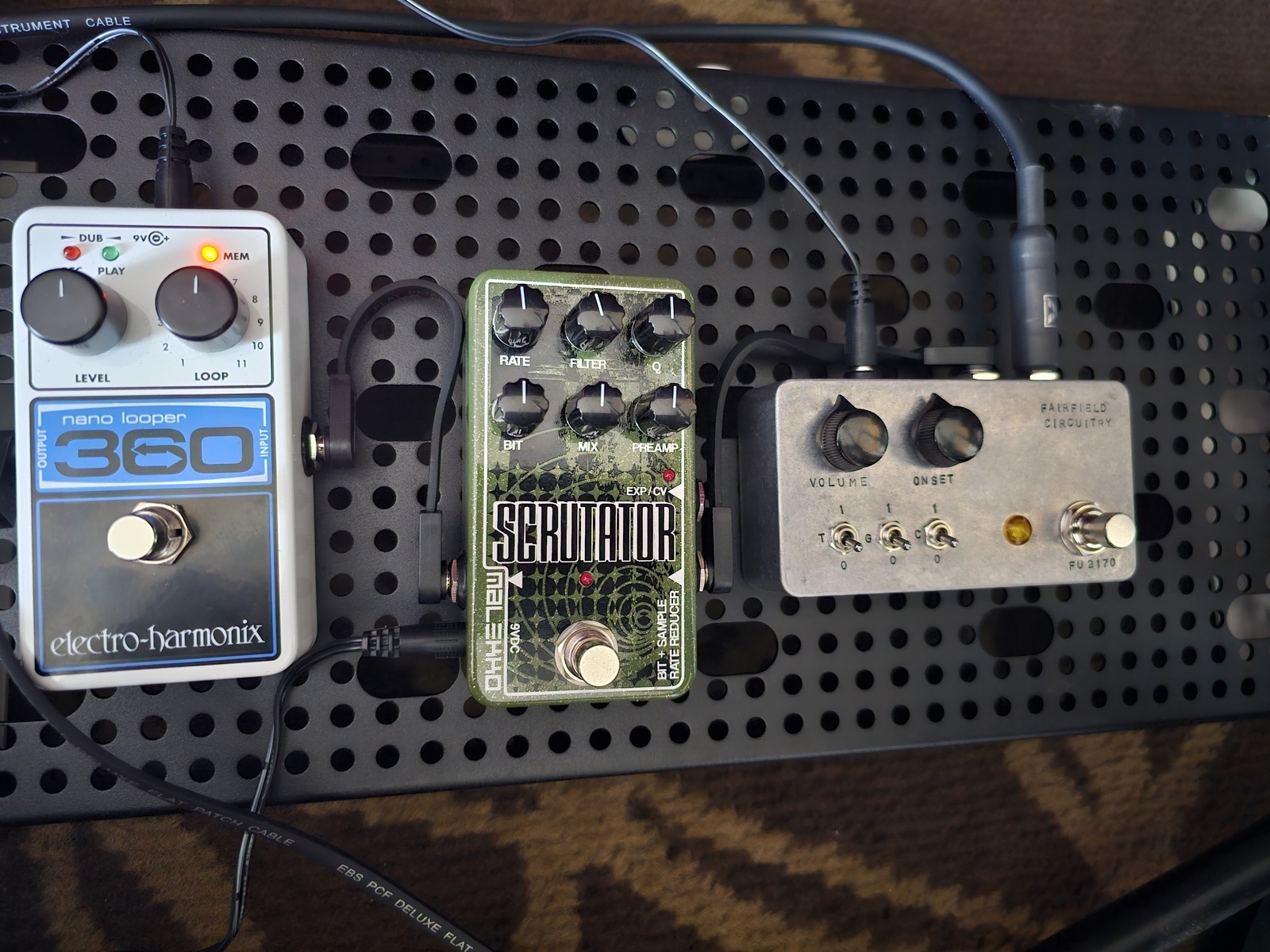 Pedalboard by cerebullet featuring Electro-Harmonix Nano Looper 360, Malekko Scrutator, and Fairfield Circuitry The Unpleasant Surprise and 1 more piece of gear