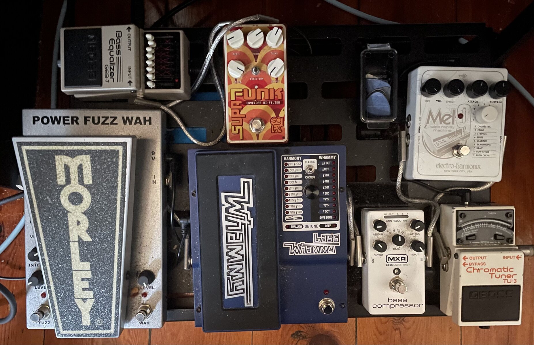 Pedalboard by finnsmithmusic_ featuring Morley PFW-C Cliff Burton Tribute Series Power Fuzz Wah, Solid Gold FX Supa Funk Envelope Bi-Filter, and DigiTech Bass Whammy and 4 more pieces of gear