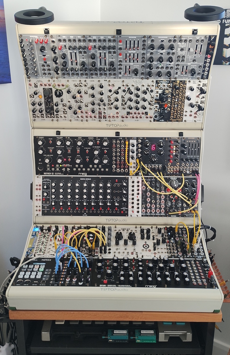 Electronic Synth Setup by scarkord featuring Moog DFAM - Drummer From Another Mother, Moog Mother-32, and Behringer 960 Sequential Controller Analog Step Sequencer Eurorack Module and 18 more pieces of gear