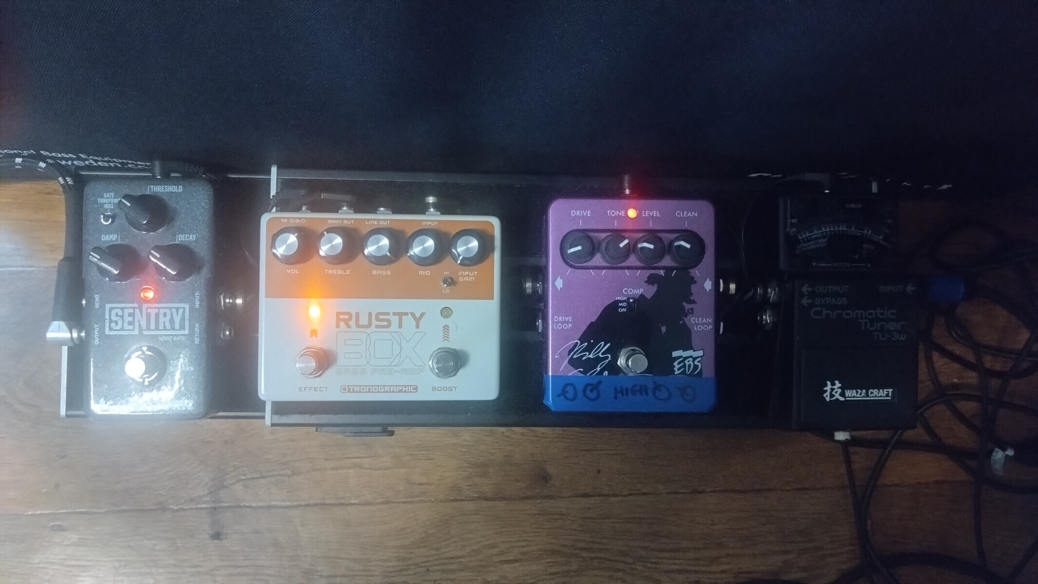 Metal Pedalboard by bassmeisterjay707 featuring Tronographic Rusty Box, EBS Billy Sheehan Signature Drive Distortion, and TC Electronic Sentry Noise Gate and 1 more piece of gear
