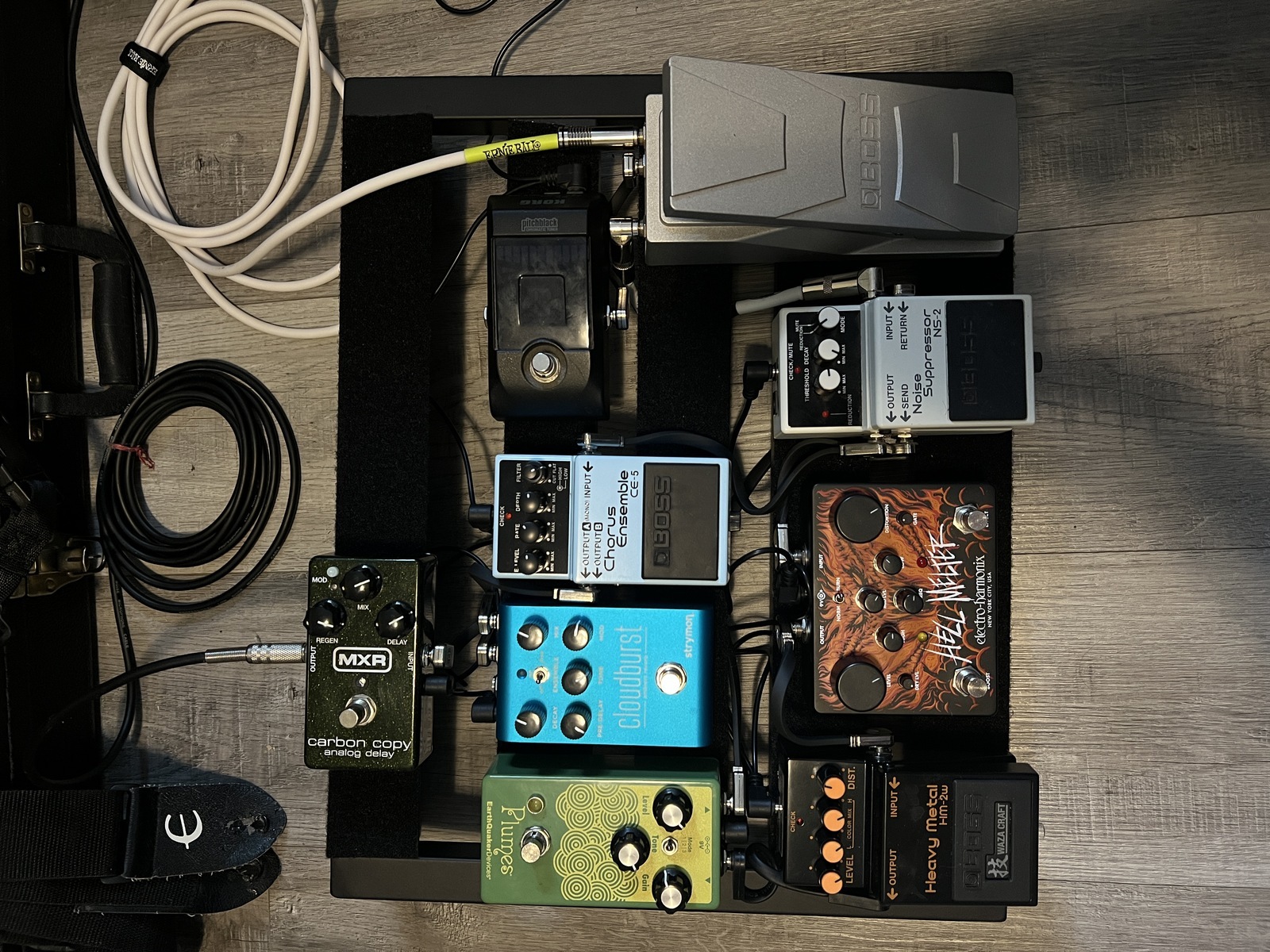 Metal Pedalboard by concubine featuring Boss FV-30H Compact Foot Volume Pedal, Korg PB-1 Pitchblack, and Boss NS-2 Noise Suppressor and 6 more pieces of gear