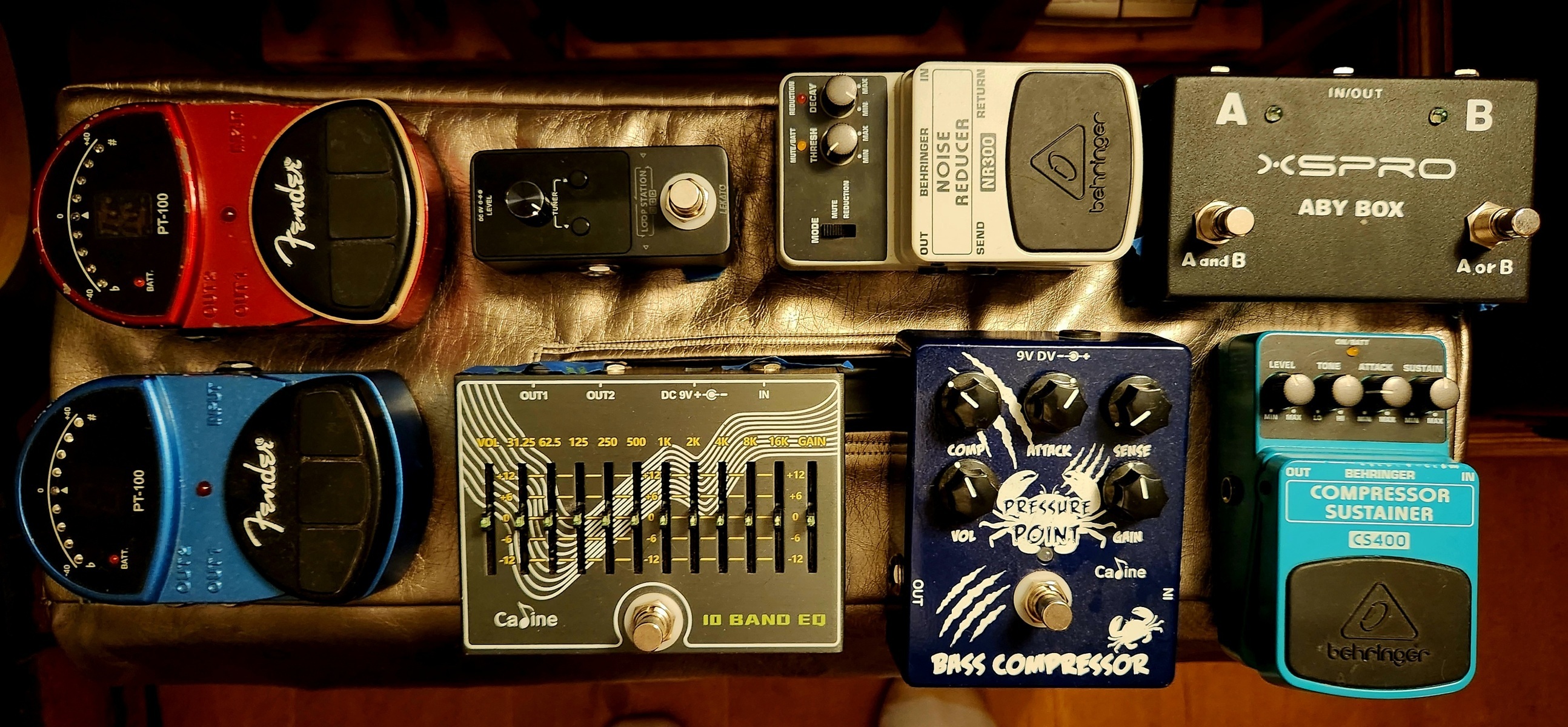 Metal Pedalboard by bulwark616 featuring Fender PT-100 Chromatic Tuner, Caline CP-81 10-Band EQ, and Lekato Loop Station and 3 more pieces of gear