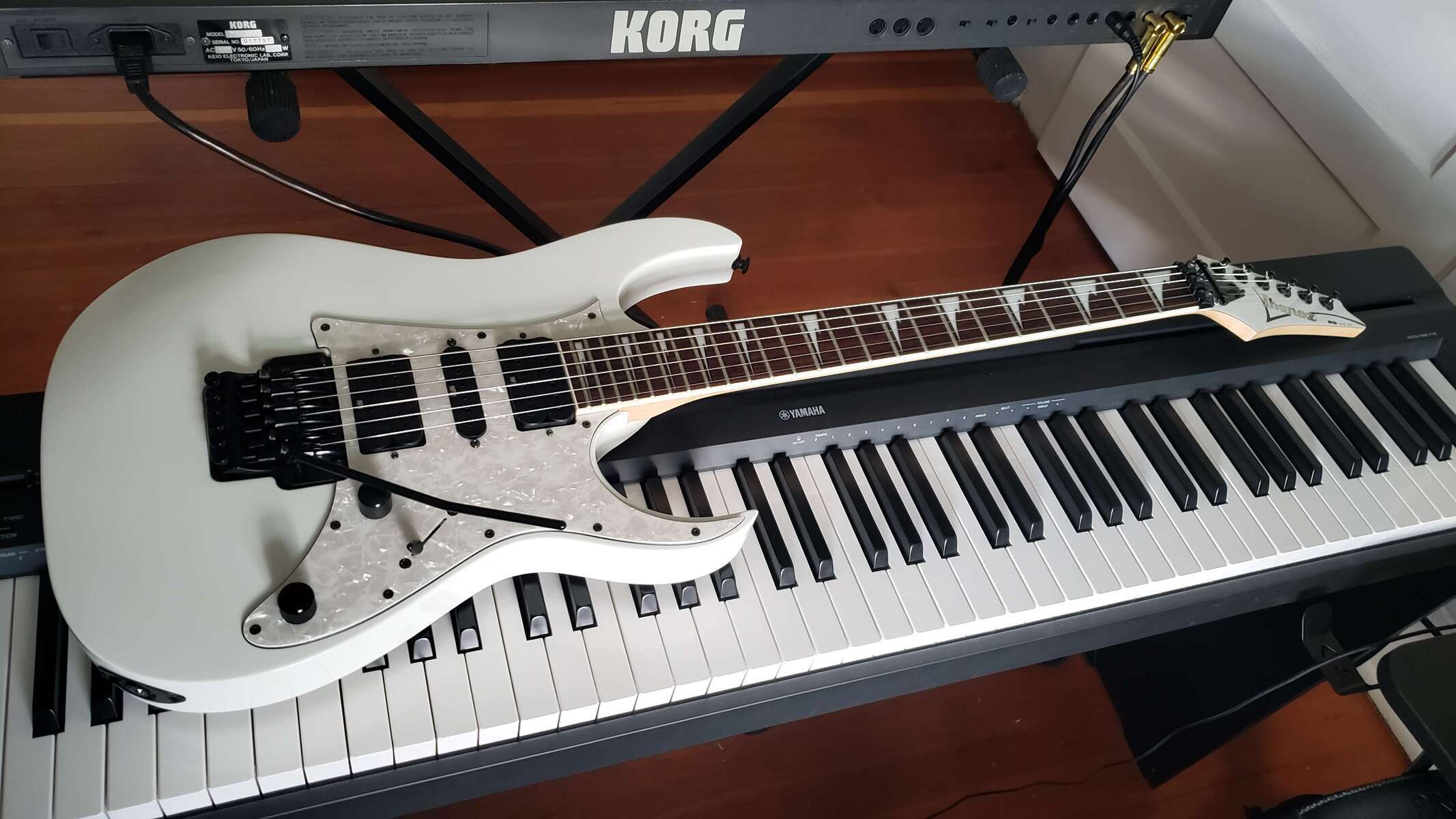 Electronic Synth Setup by vertexshark featuring Ibanez RG350DX, Yamaha P-45 B, and Korg DW-8000