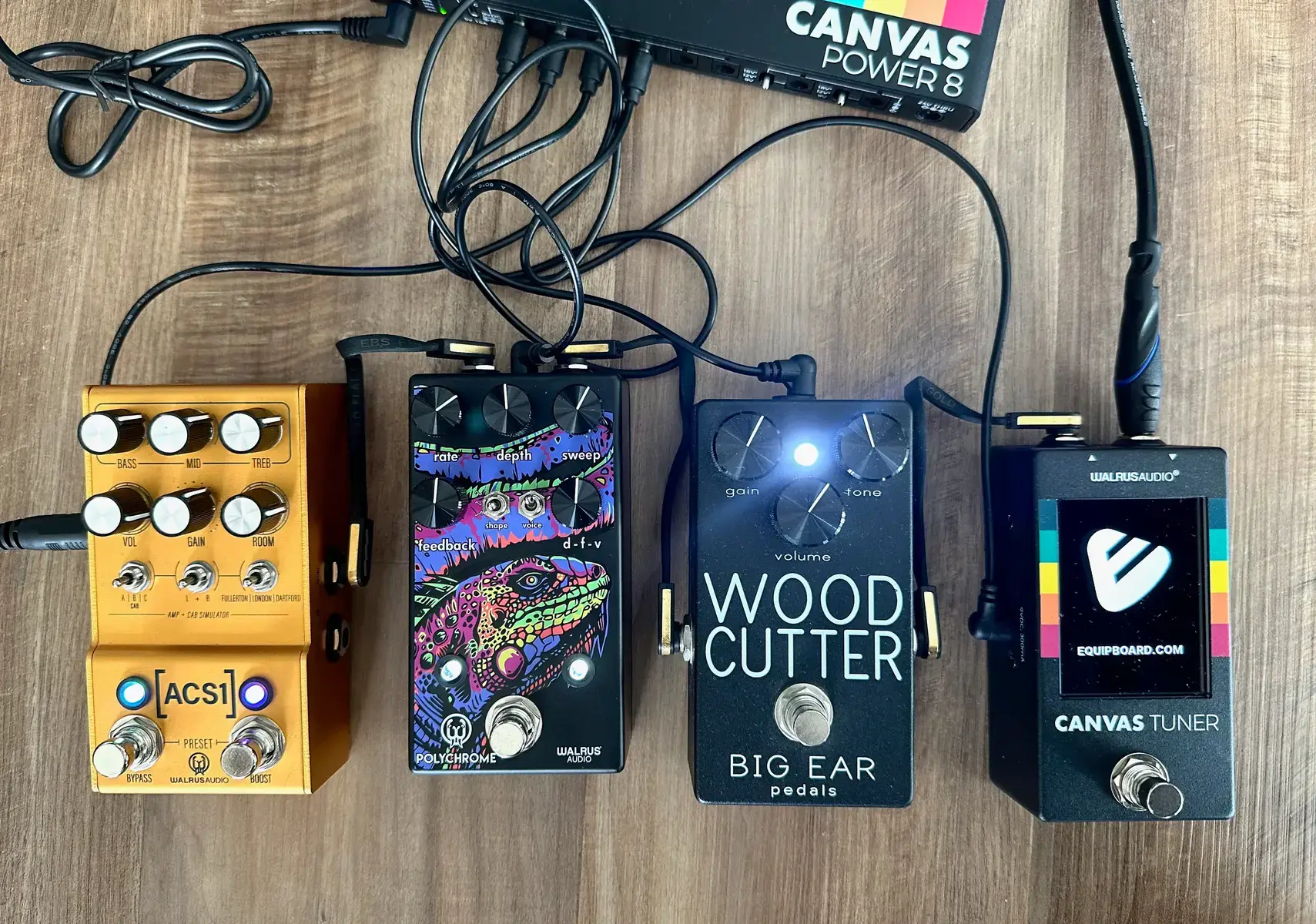 Walrus Audio Pedalboard by equipboard featuring Walrus Audio Canvas 8 Pedal Power Supply, Walrus Audio Canvas Tuner Pedal, and Big Ear Pedals Woodcutter and 2 more pieces of gear