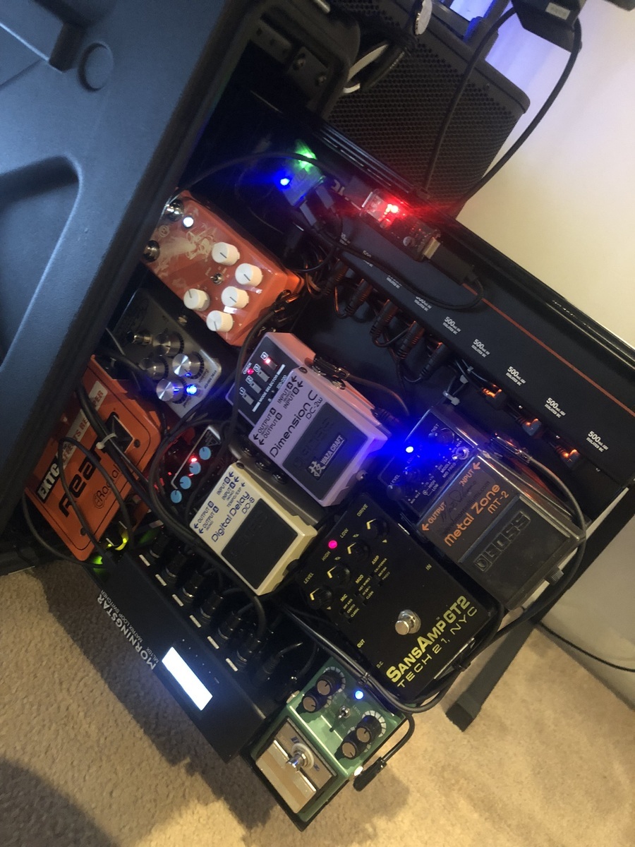 Metal Studio Setup by ca138 featuring Radial Engineering EXTC-STEREO, Morningstar Engineering ML10X Loop Switcher, and MONO Cases MONO 11-outlet Isolated Pedalboard Power Supply - Large and 8 more pieces of gear
