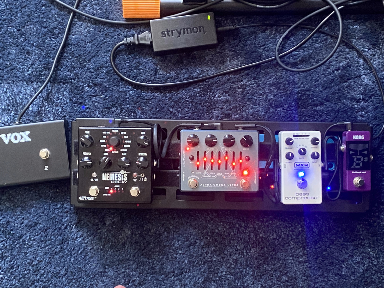 Metal Pedalboard by barnyscotheque featuring Source Audio Nemesis Delay, Darkglass Electronics Alpha Omega Ultra Dual Bass Preamp/OD Pedal, and MXR M87 Bass Compressor and 2 more pieces of gear