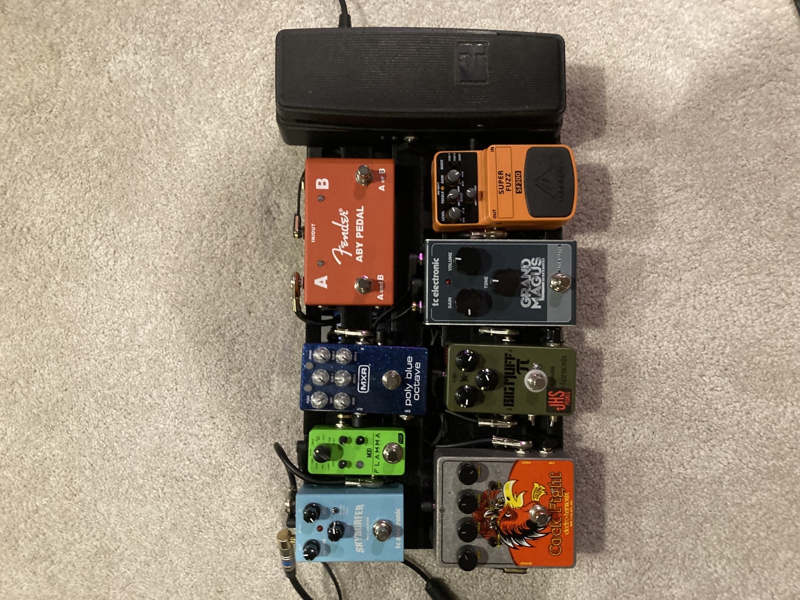 Metal Pedalboard by ttelecaster featuring Electro-Harmonix Dual Expression Pedal, Fender ABY Pedal, and MXR M306 Poly Blue Octave and 6 more pieces of gear
