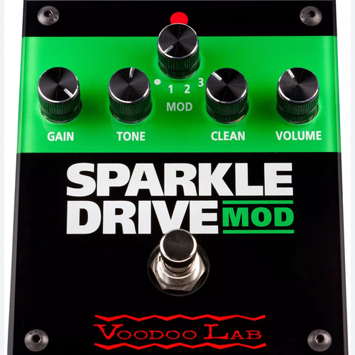 Photo of Voodoo Lab Sparkle Drive Mod in a pedalboard, signal chain, and closeup