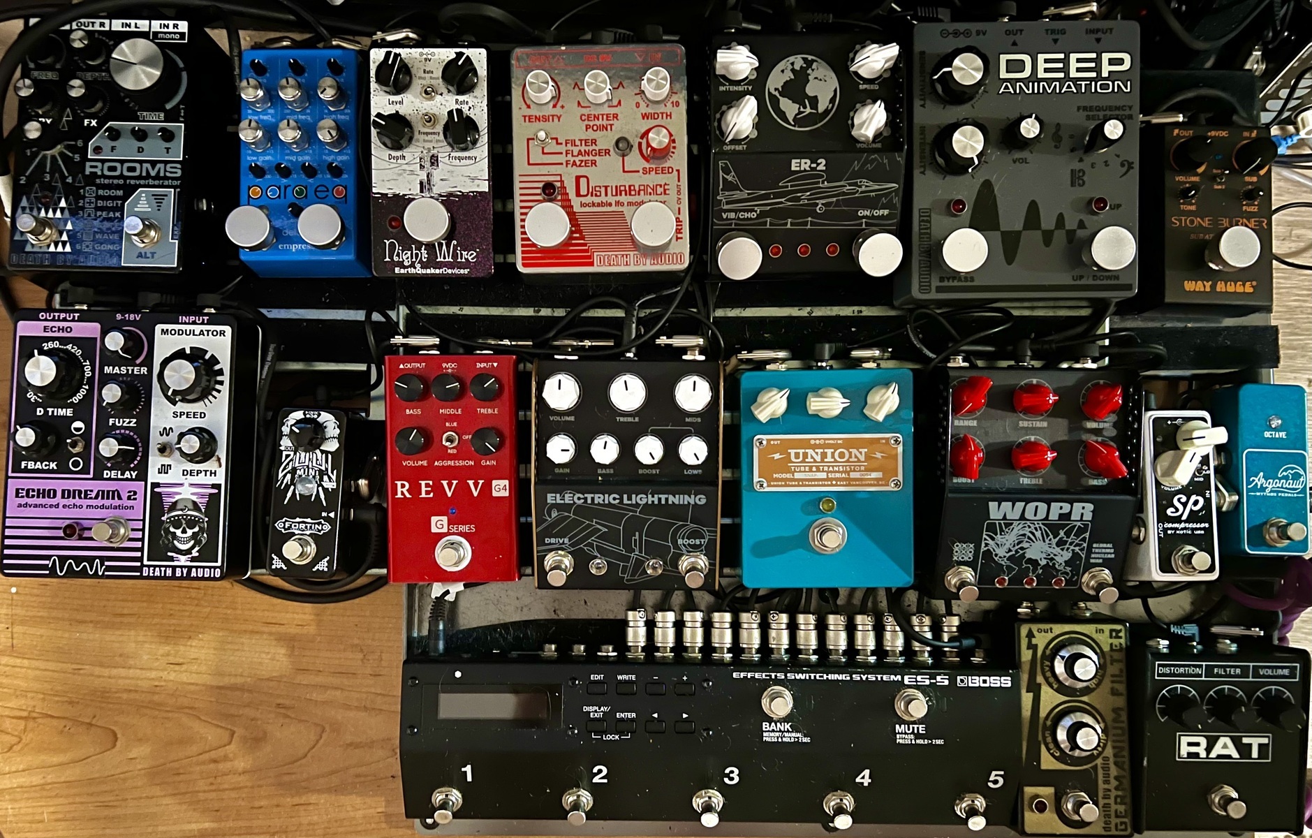 Pedalboard by jk47 featuring Boss ES-5 Effects Switching System, Pro Co RAT 2, and Death By Audio Germanium Filter and 10 more pieces of gear