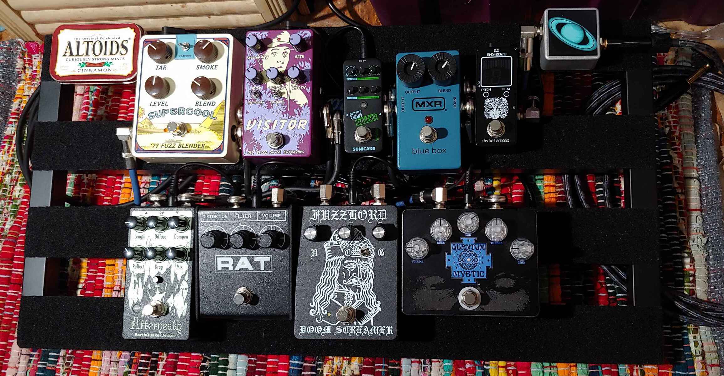 Pedalboard by uuizard featuring Electro-Harmonix EHX-2020 Tuner Pedal, MXR M103 Blue Box, and Black Arts Toneworks Quantum Mystic and 6 more pieces of gear