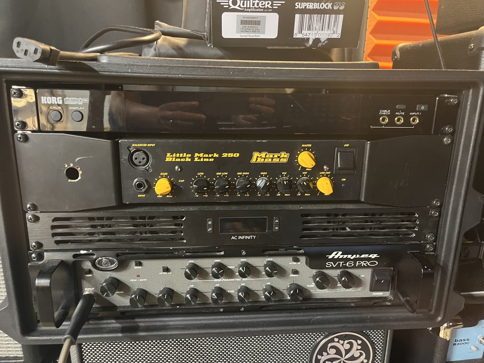 Metal Amp Rig by nick_danola featuring Ampeg SVT-6 Pro Bass Head, Markbass Little Mark 250, and Korg Pitchblack Pro Rackmount Tuner