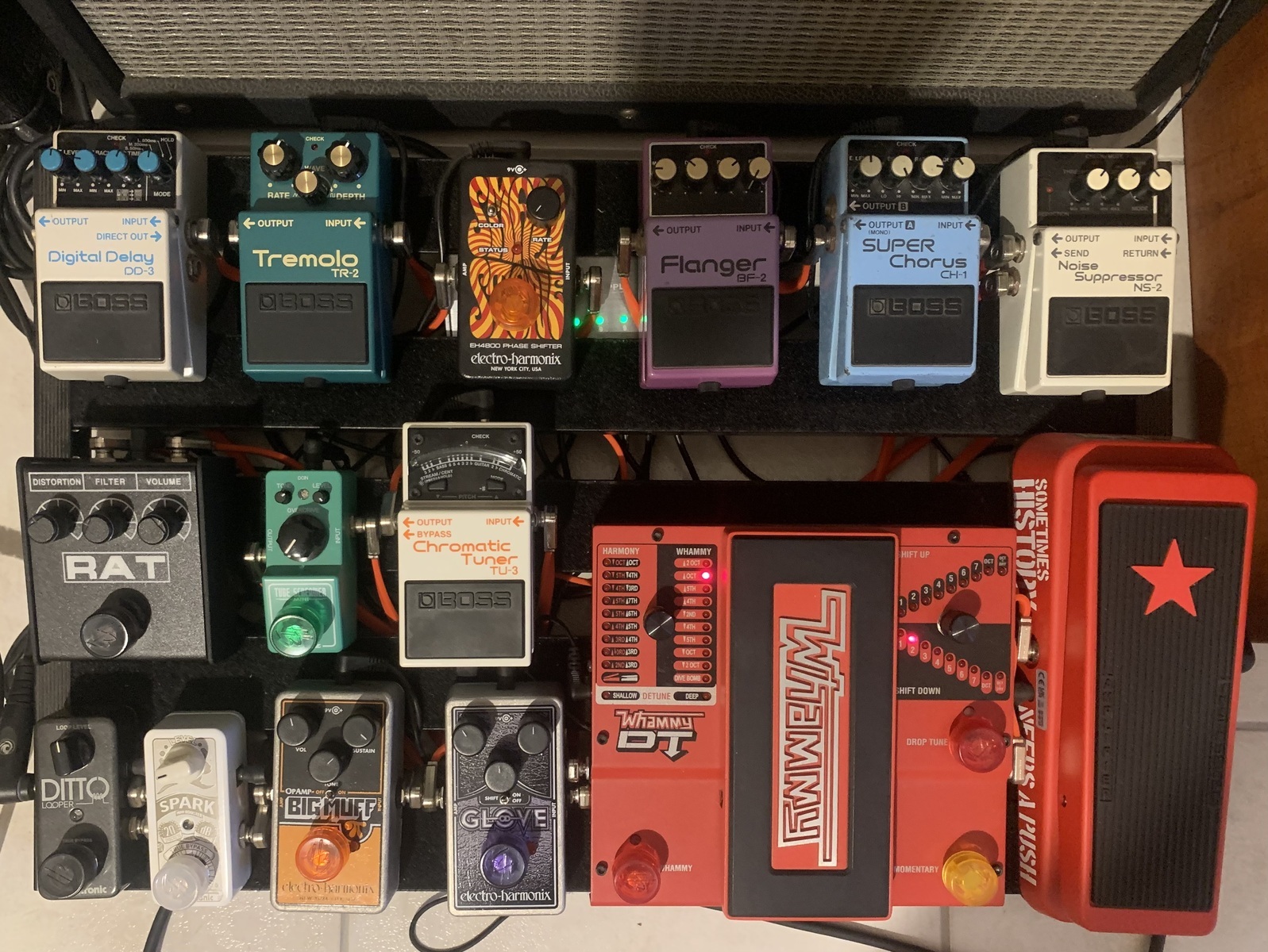 Pedalboard by myron_tlks featuring Dunlop TBM95 Tom Morello Signature Cry Baby Wah Pedal, DigiTech Whammy DT, and Boss TU-3 Chromatic Tuner and 14 more pieces of gear