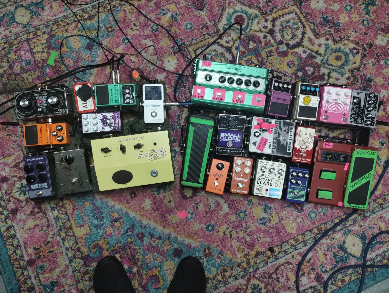 Pedalboard by supersonic_fuzz_cvnt featuring Death By Audio Supersonic Fuzz Gun, DigiTech XP-100 Whammy-Wah, and DOD Gonkulator Ring Mod and 19 more pieces of gear