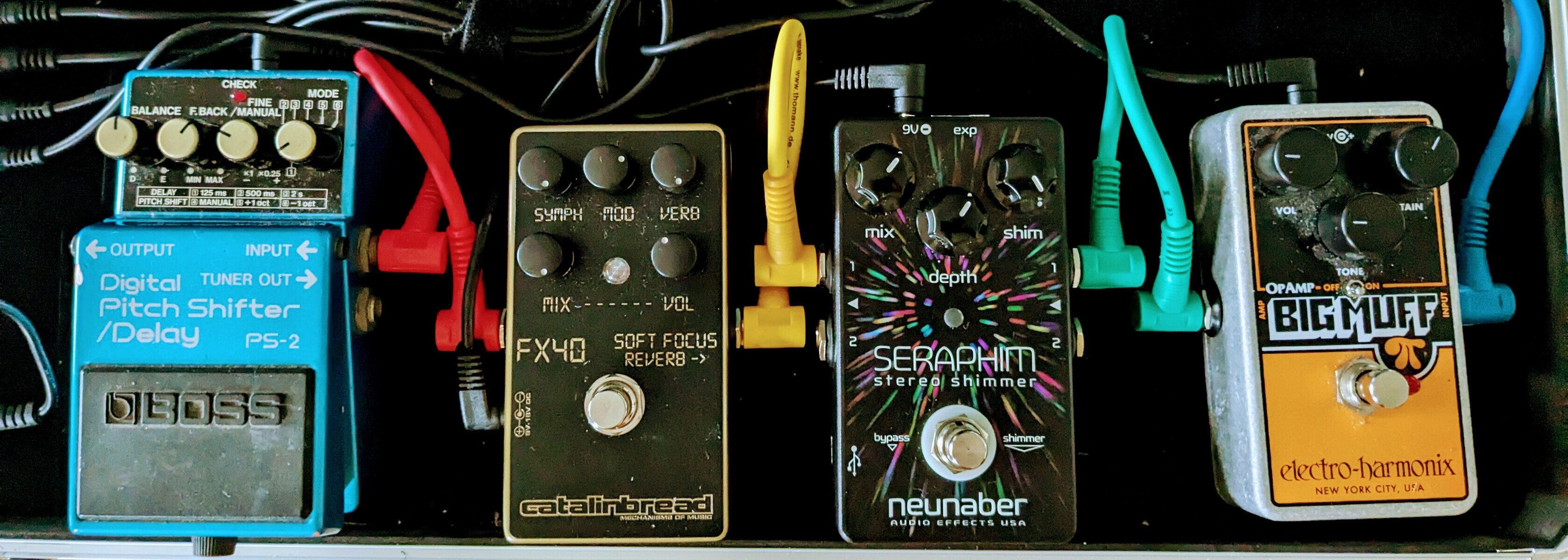 Music Gear Setup by jim_lowrence featuring Catalinbread FX40 Soft Focus, Neunaber Seraphim Stereo Shimmer, and Boss PS-2 Digital Pitch Shifter/Delay and 1 more piece of gear