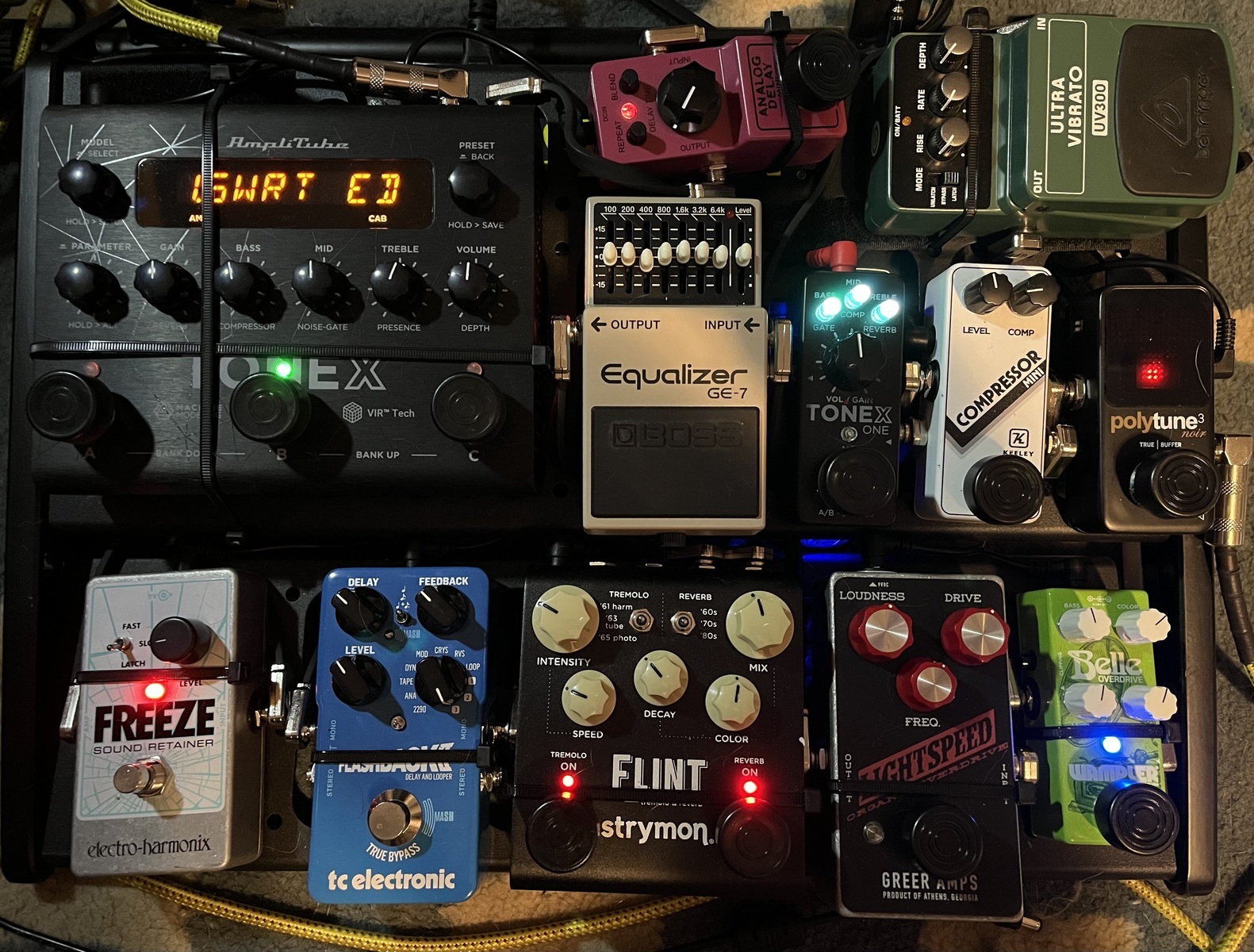 Pedalboard by timwasem featuring Greer Amps Lightspeed Organic Overdrive, Wampler Belle, and IK Multimedia TONEX and 10 more pieces of gear