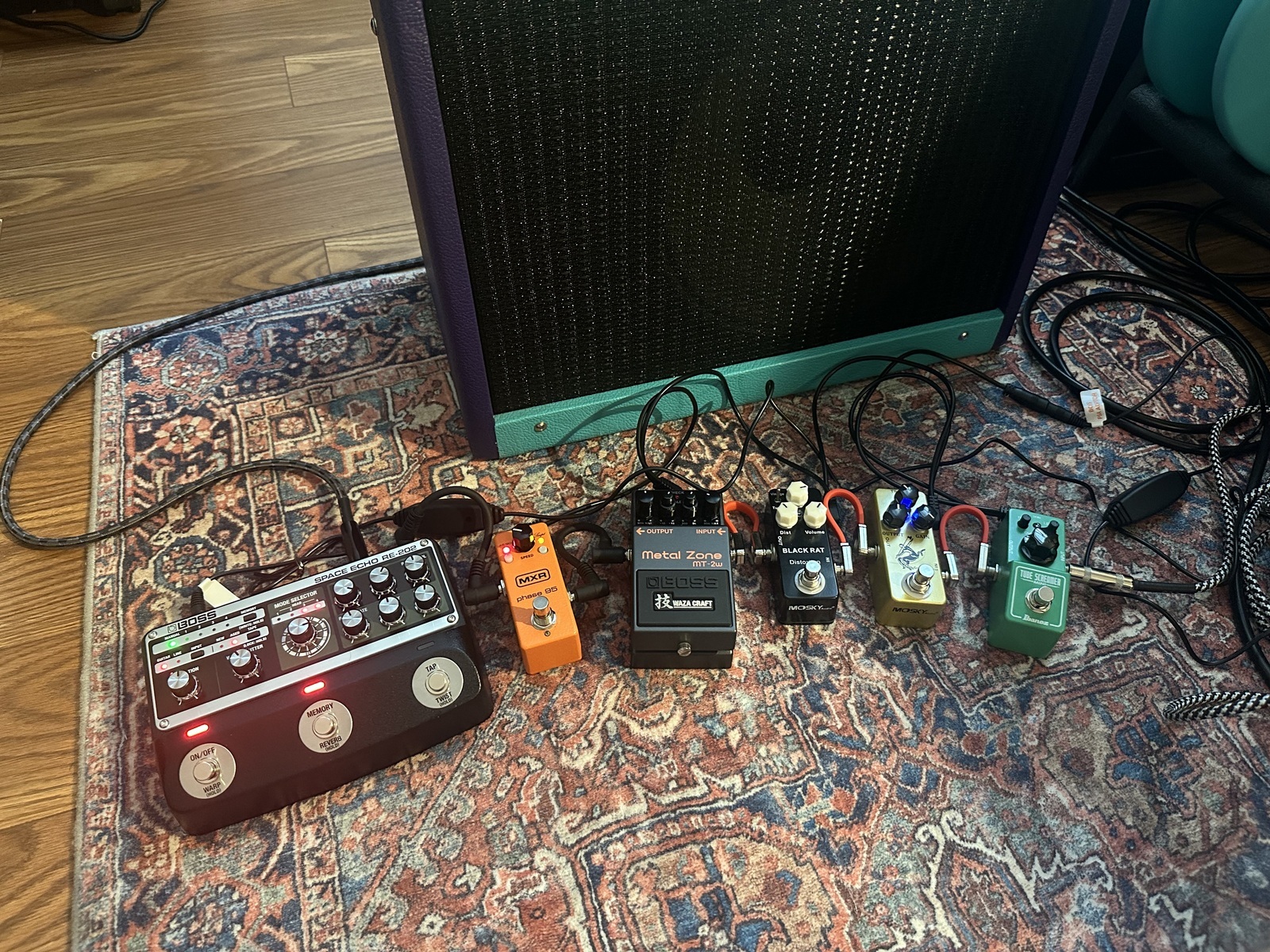 Metal Pedalboard by roadcone featuring MXR Phase 95, Boss RE-202 Space Echo, and Boss MT-2W Metal Zone Waza Craft and 3 more pieces of gear