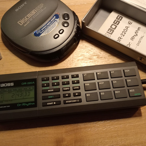 Photo of Boss DR-220A Dr. Rhythm in a studio, drums, and closeup