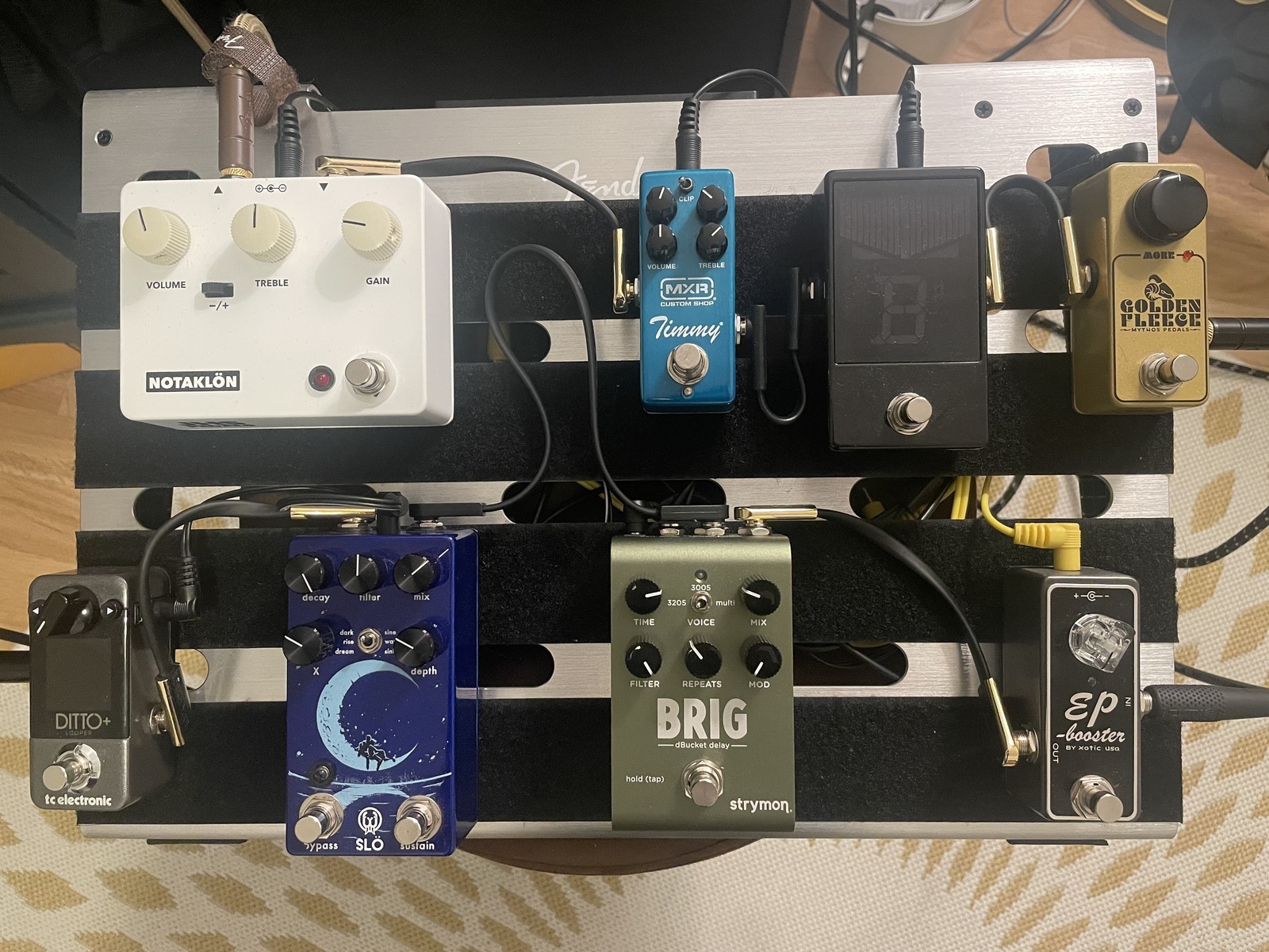 Country Pedalboard by seicean featuring Mythos Pedals Golden Fleece Mini V1, Korg Pitchblack X Custom Pedal Tuner, and MXR CSP027 Timmy and 5 more pieces of gear