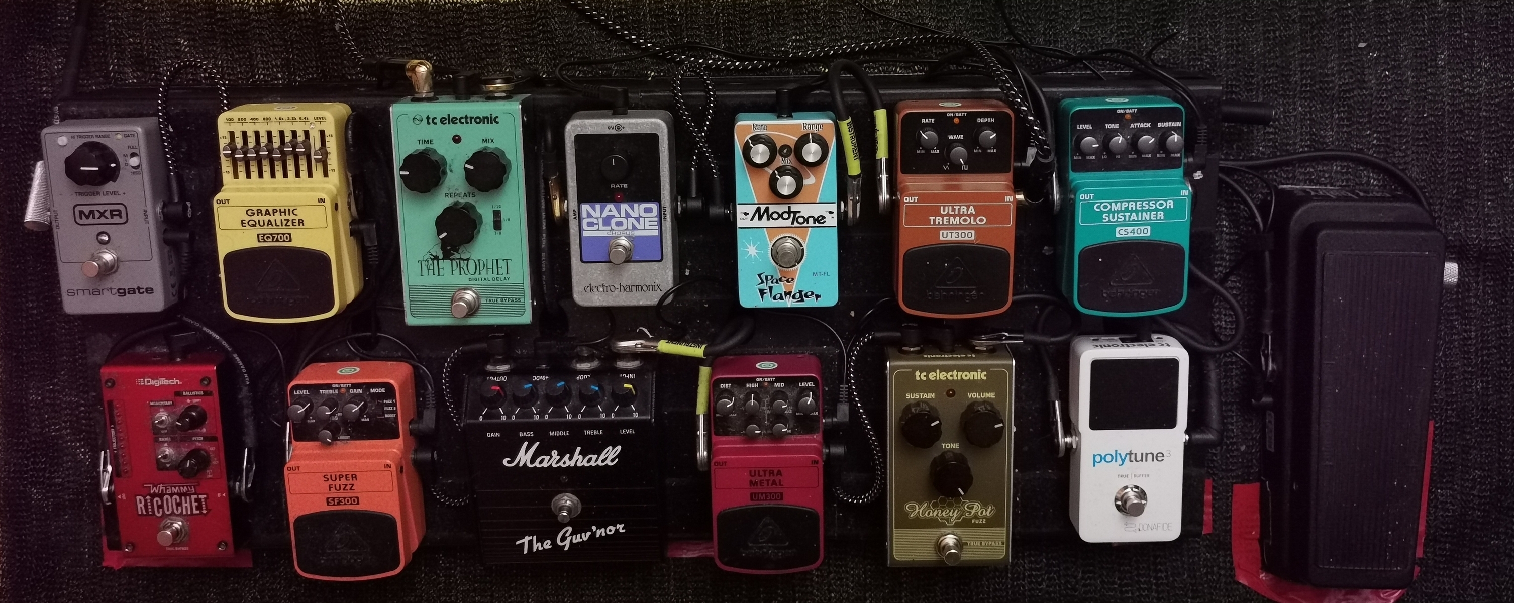 Metal Pedalboard by giles_hill featuring Dunlop 535Q Cry Baby Multi-Wah, TC Electronic PolyTune, and TC Electronic Honey Pot Fuzz and 11 more pieces of gear