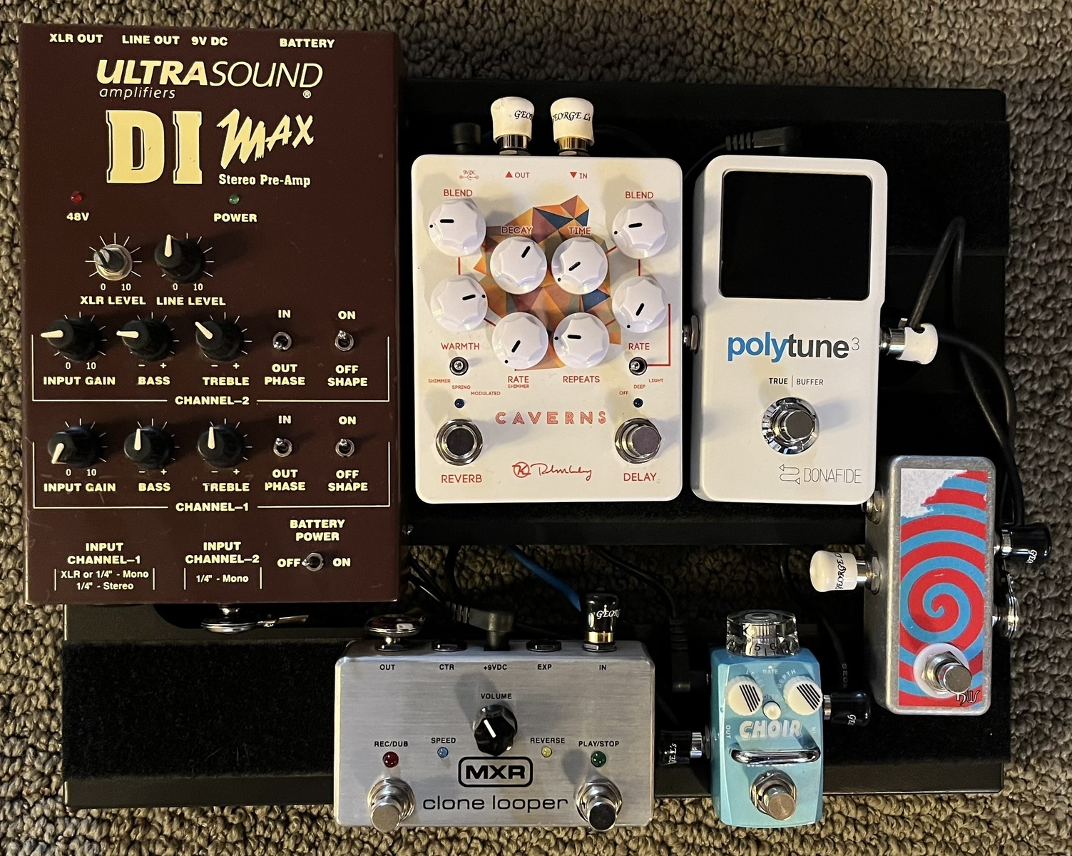 Pedalboard by seth_ellsworth featuring Voodoo Lab Pedal Power 2 PLUS, Line 6 Relay G30, and One Control Minimal AB Box and 4 more pieces of gear
