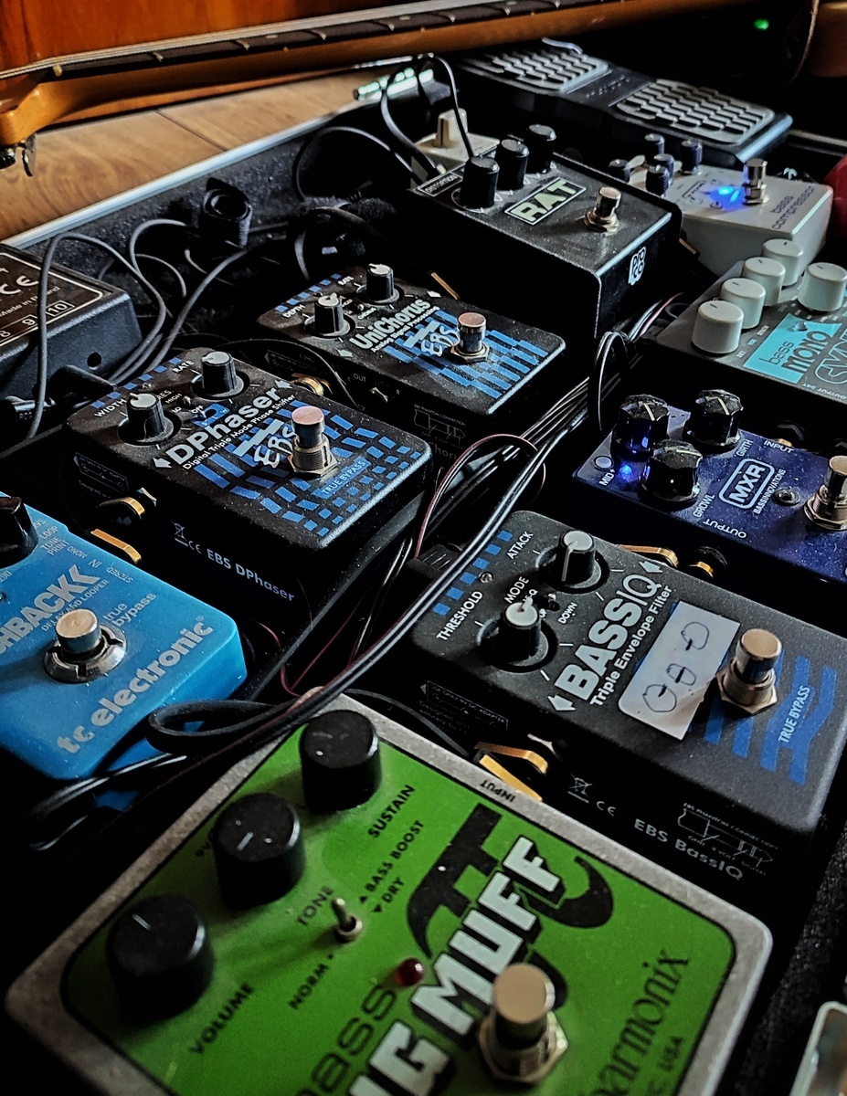 EBS Pedalboard by smo featuring Electro-Harmonix Bass Big Muff Pi Fuzz, EBS Bass IQ Triple Envelope Filter, and MXR M288 Bass Octave Deluxe and 4 more pieces of gear