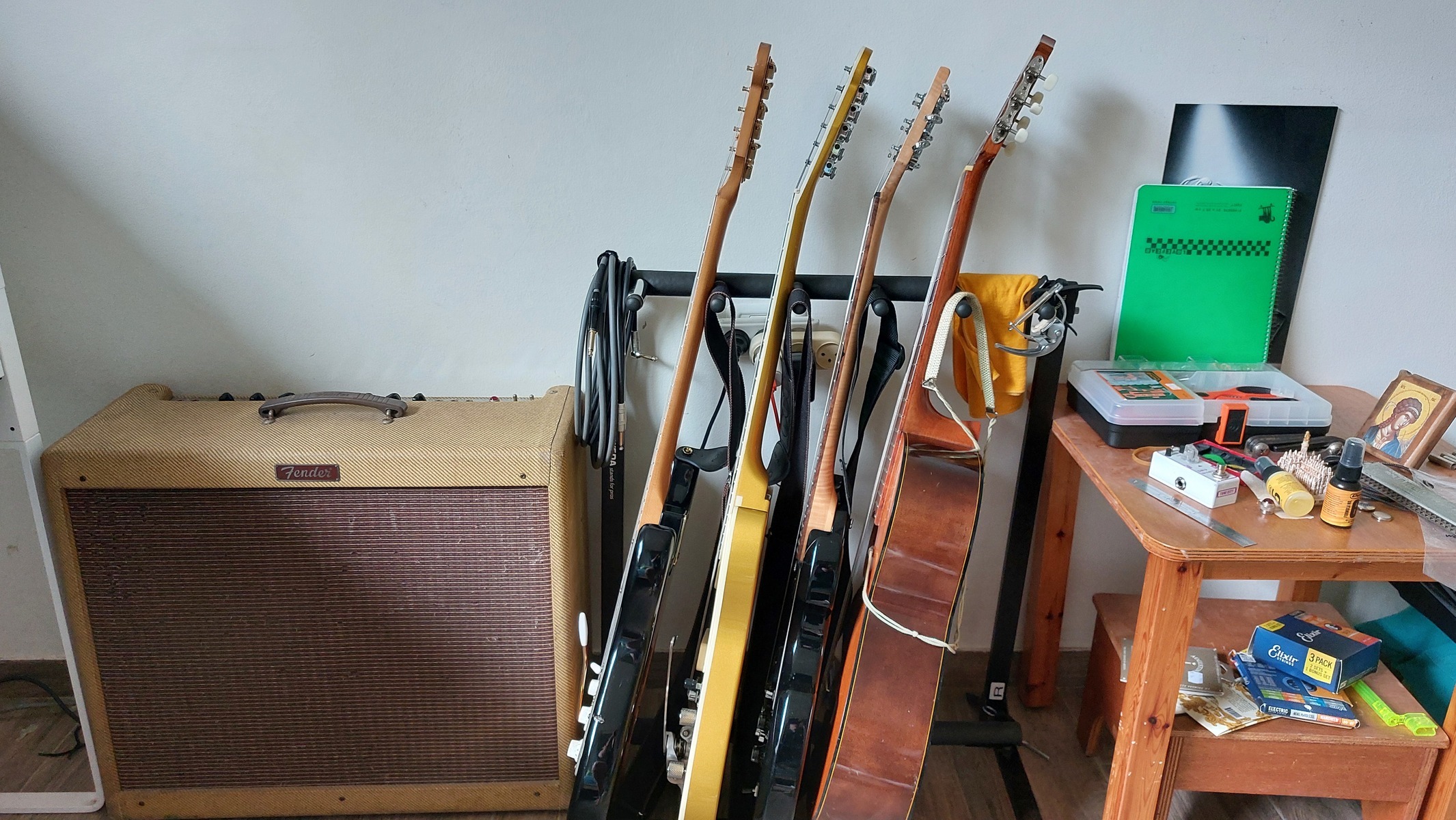 Country Amp Rig by jacobrose featuring Fender Deluxe Player's Stratocaster Electric Guitar, Fender 1994 Blues De Ville 212, and Yamaha G-60A and 2 more pieces of gear
