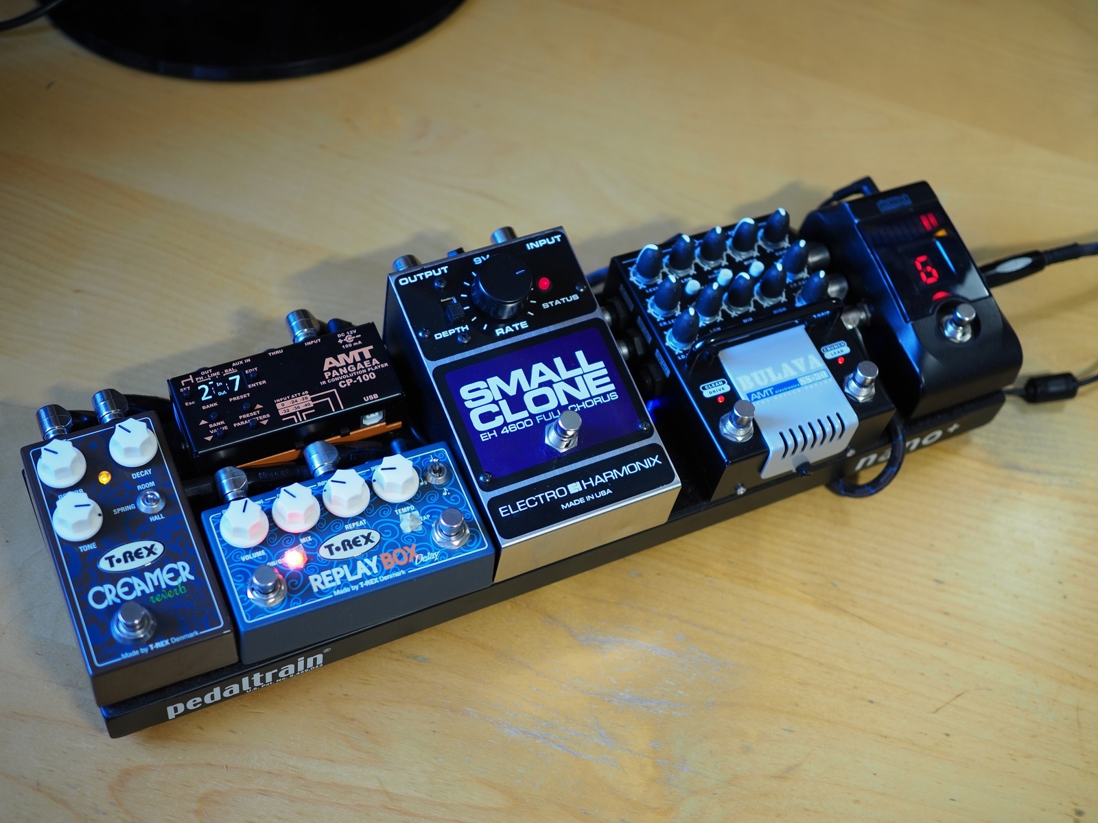 Pedalboard by the_mirosh featuring Korg PB-1 Pitchblack, Amt Electronics Ss-30 Bulava 3-Channel Guitar Preamp, and Electro-Harmonix EH-4600 Small Clone and 4 more pieces of gear