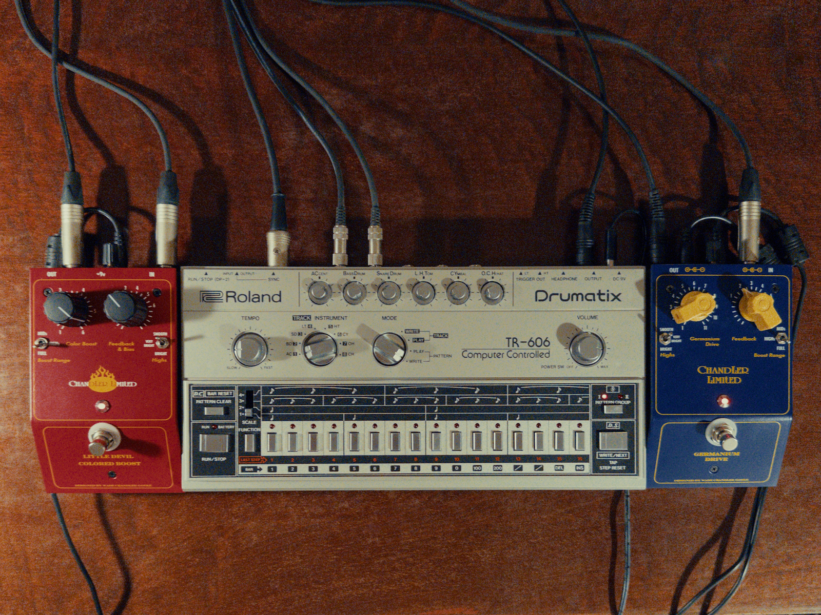 Electronic Studio Setup by renierra featuring Roland TR-606 Drumatix, Chandler Limited Germanium Drive, and Chandler Limited Little Devil Colored Boost Pedal