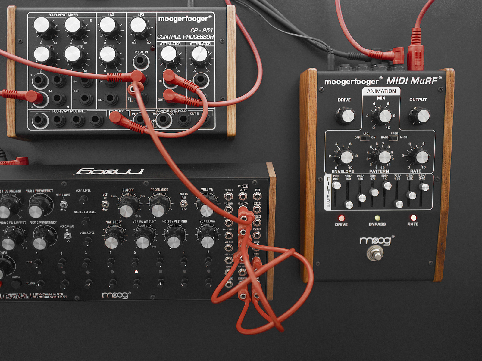 Electronic Studio Setup by renierra featuring Moog CP-251 Moogerfooger Control Processor, Moog DFAM - Drummer From Another Mother, and Moog Moogerfooger MF-105M MIDI MuRF
