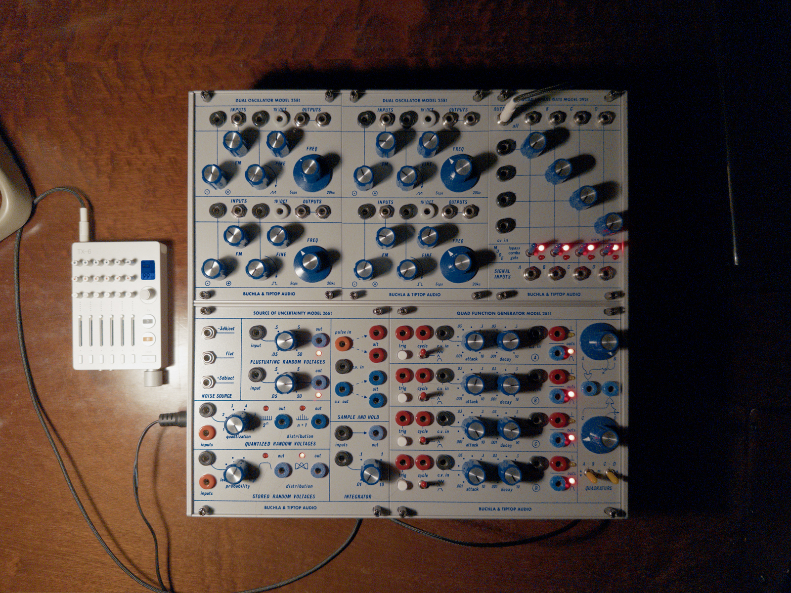 Buchla Studio Setup by renierra featuring Buchla & Tiptop Audio Quad Lopass Gate Model 292t, Buchla & Tiptop Audio Dual Oscillator Model 258t, and Buchla & Tiptop Audio Source of Uncertainty Model 266t and 2 more pieces of gear