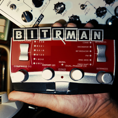 Photo of Alesis ModFX Bitrman in a studio, synths, and closeup