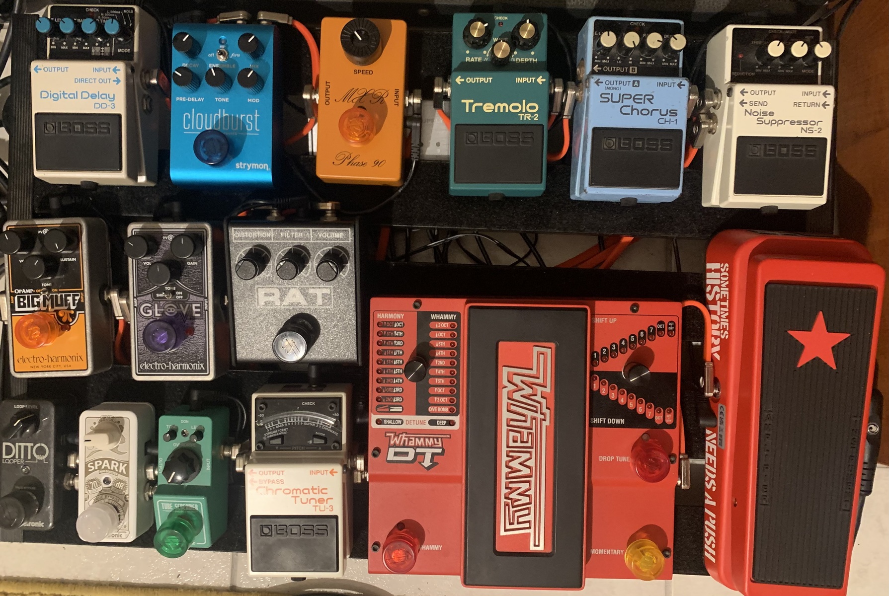 Pedalboard by myron_tlks featuring Dunlop TBM95 Tom Morello Signature Cry Baby Wah Pedal, DigiTech Whammy DT, and Boss TU-3 Chromatic Tuner and 16 more pieces of gear