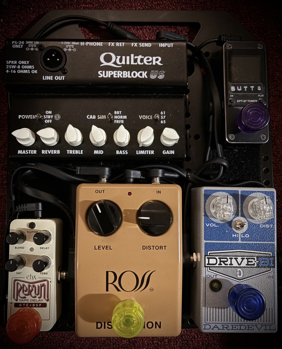 Pedalboard by polishjohn featuring Quilter Labs SuperBlock US, Ross Distortion (Reissue), and Electro-Harmonix Pico Rerun and 2 more pieces of gear