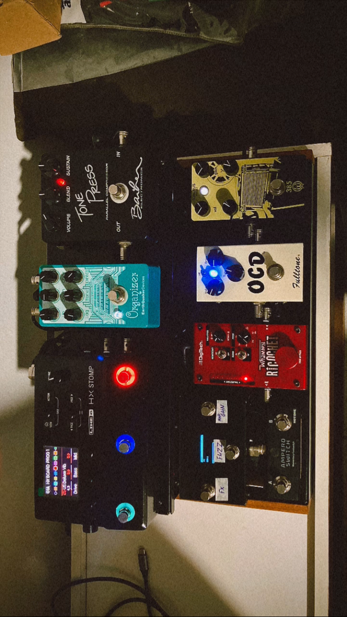 Pedalboard by johnnymello featuring Line 6 HX Stomp Guitar Multi-Effects Floor Processor, EarthQuaker Devices Organizer V2, and Barber Electronics Tone Press Parallel Compressor and 4 more pieces of gear