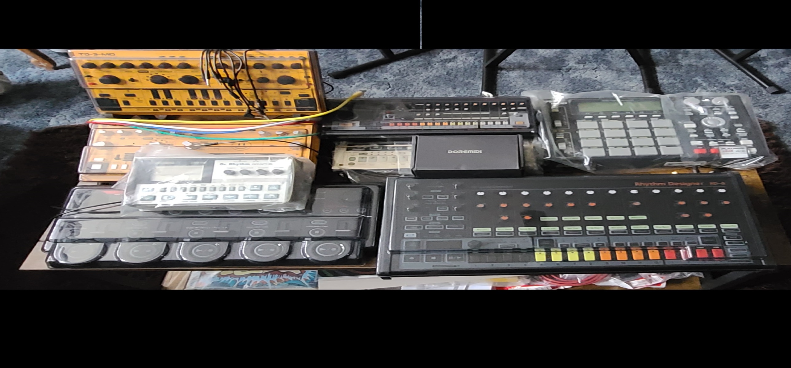 Behringer Drum Kit by turn_tables featuring Boss DR-110 Dr. Rhythm Graphic, Behringer TD-3 AM Yellow Acid Smiley Edition, and Behringer TD-3-MO Modded Out Analog Bass Line Synthesizer and 3 more pieces of gear